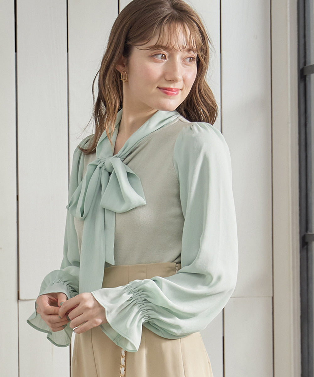 Twelve Agenda 12Twelve Agenda Mixed Material Ribbon Tie & Sleeve Knit Pullover