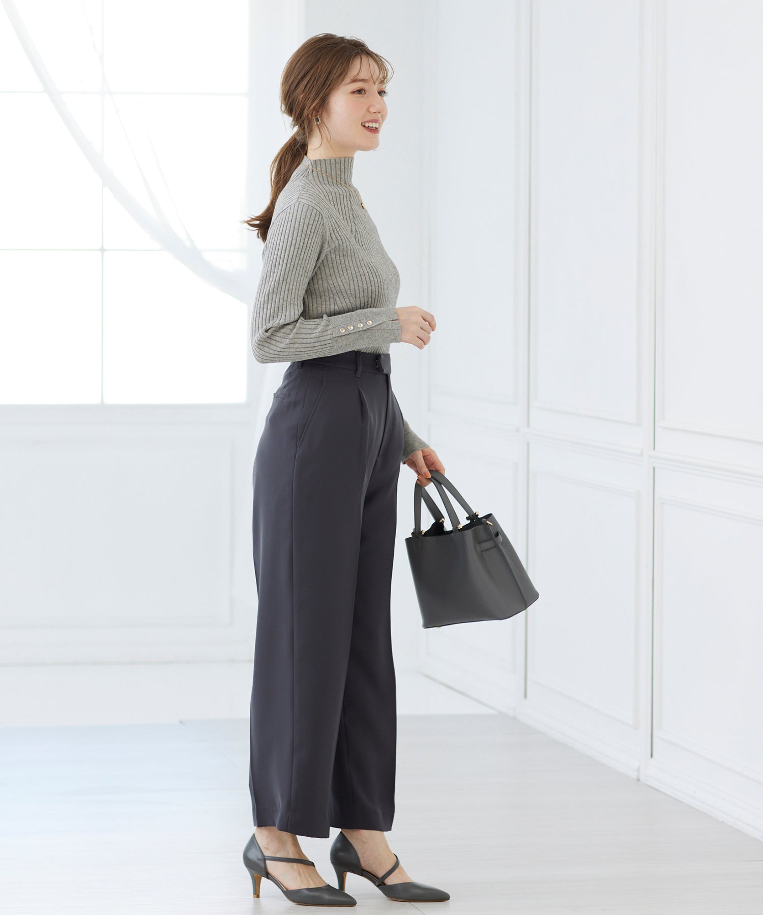 トゥエルブアジェンダ 12Twelve Agenda タックワイドパンツ (チャコールグレー) チャコールグレー