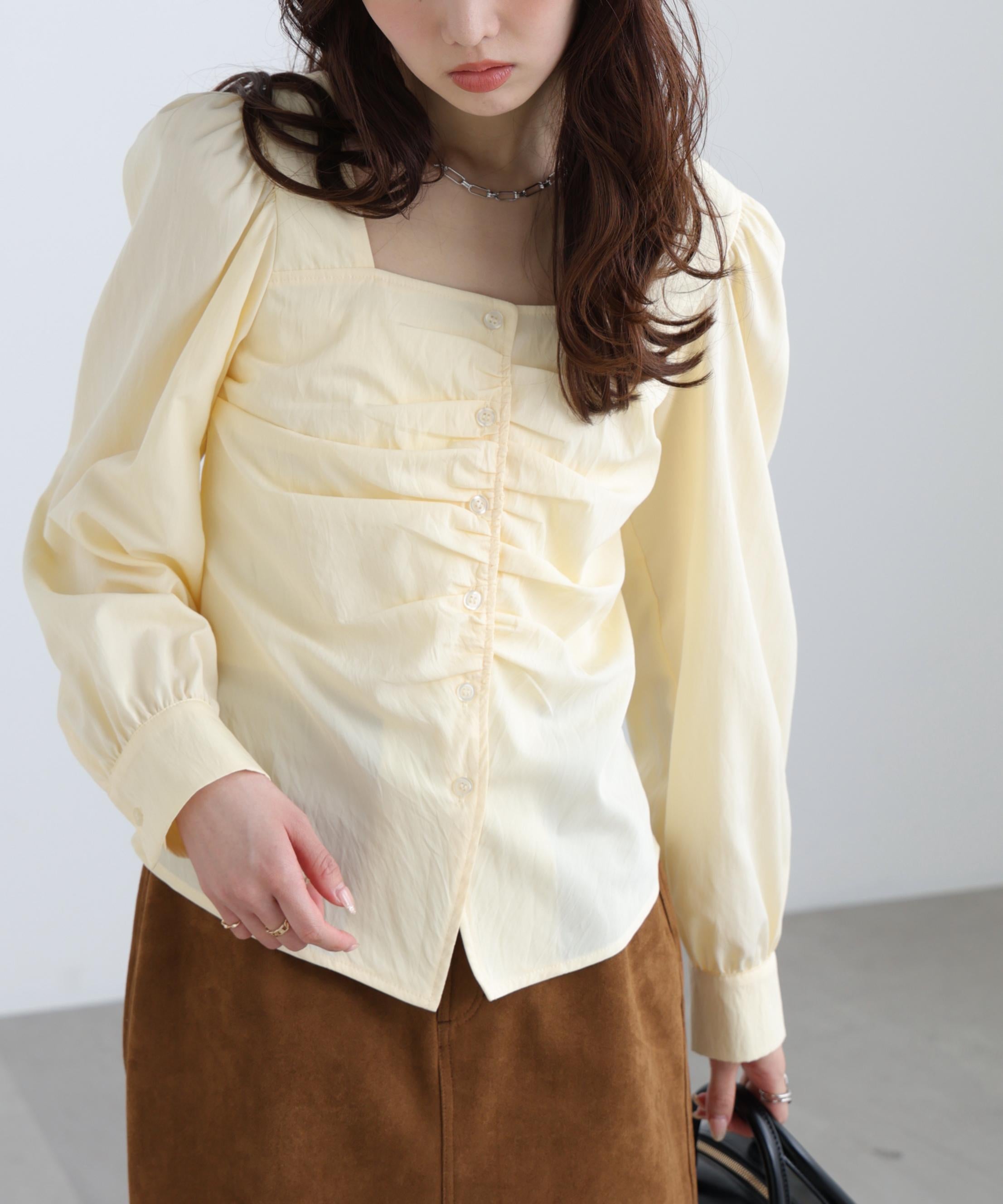 フロントギャザースクエアネックブラウス イエロー