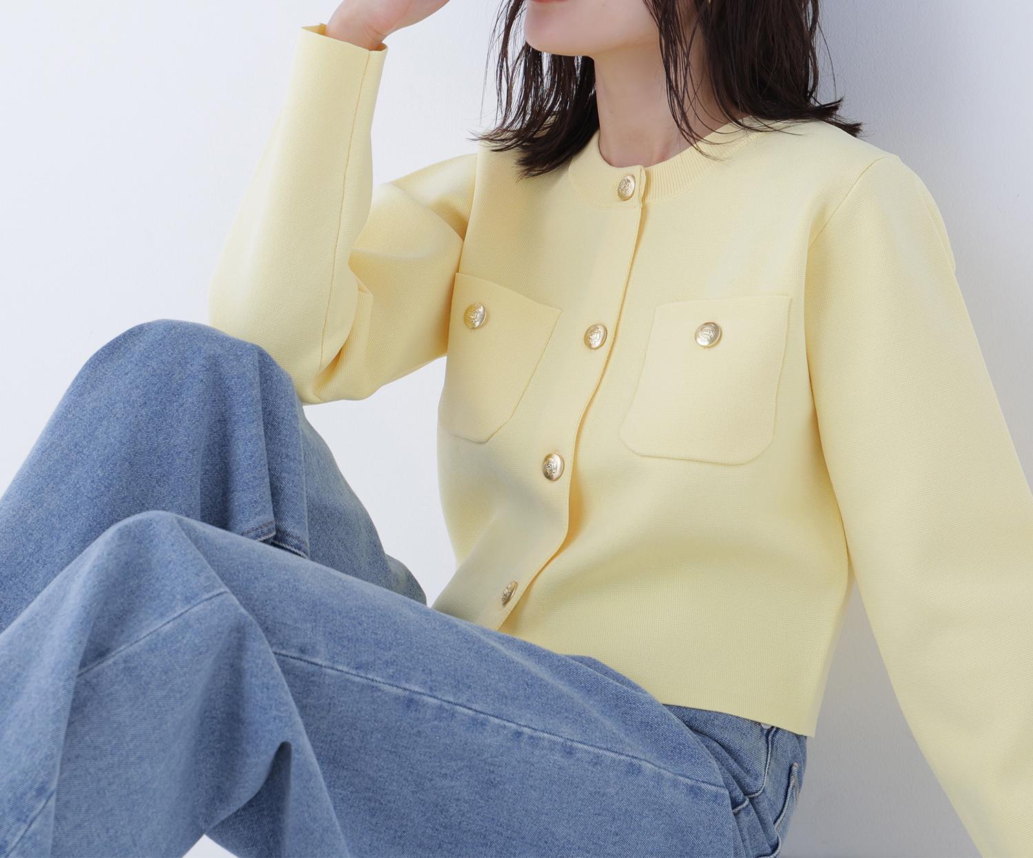 エンブレムボタンニットジャケット イエロー