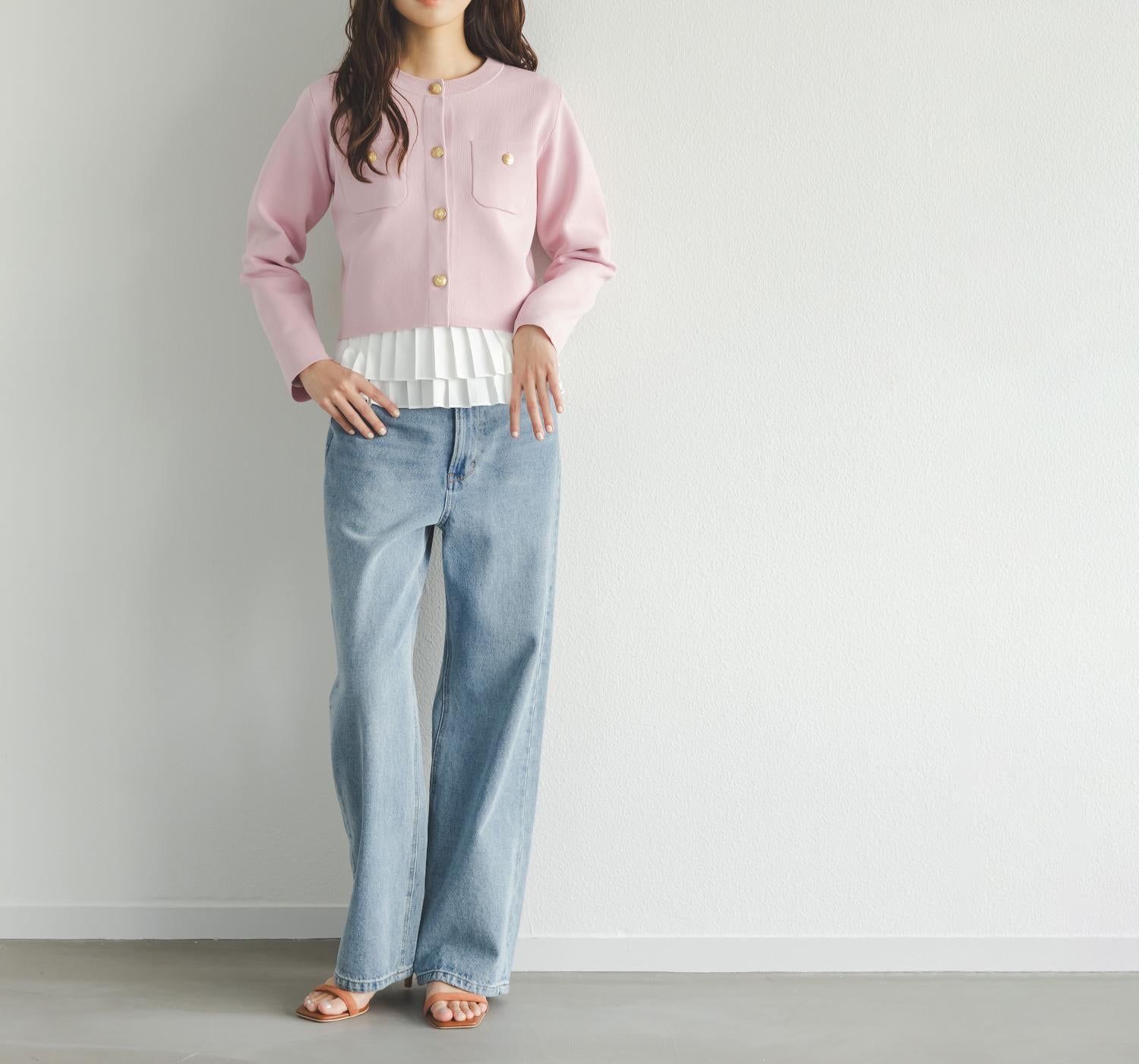 エンブレムボタンニットジャケット ピンク