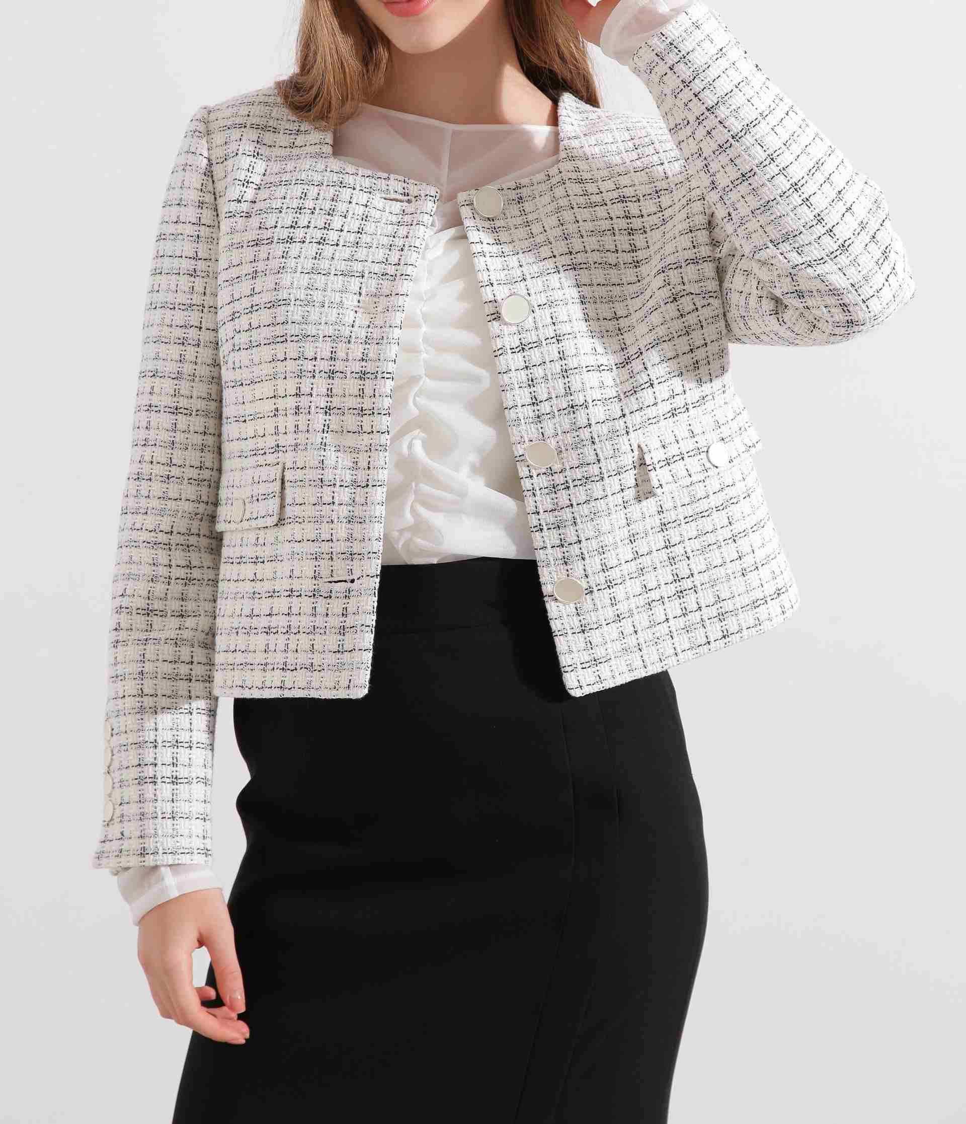 ◆スクエアーネックツイードジャケット ホワイト系1