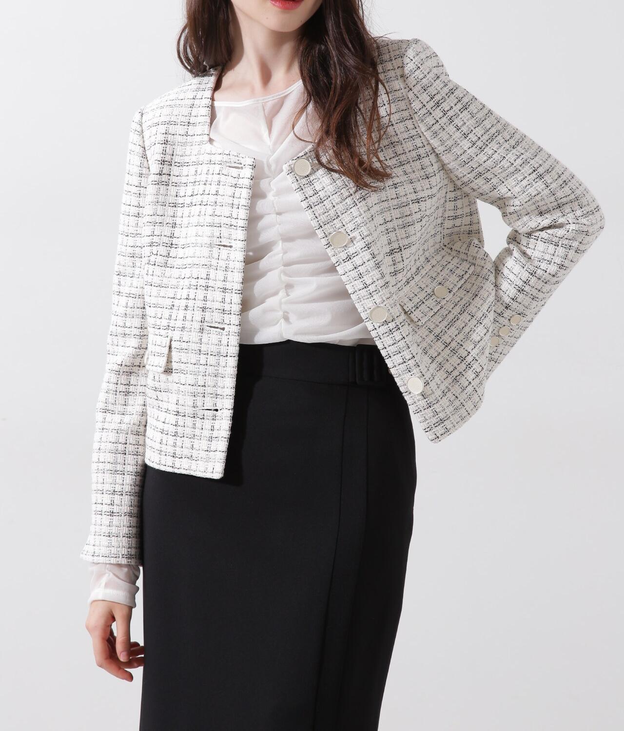 ◆スクエアーネックツイードジャケット ホワイト系1