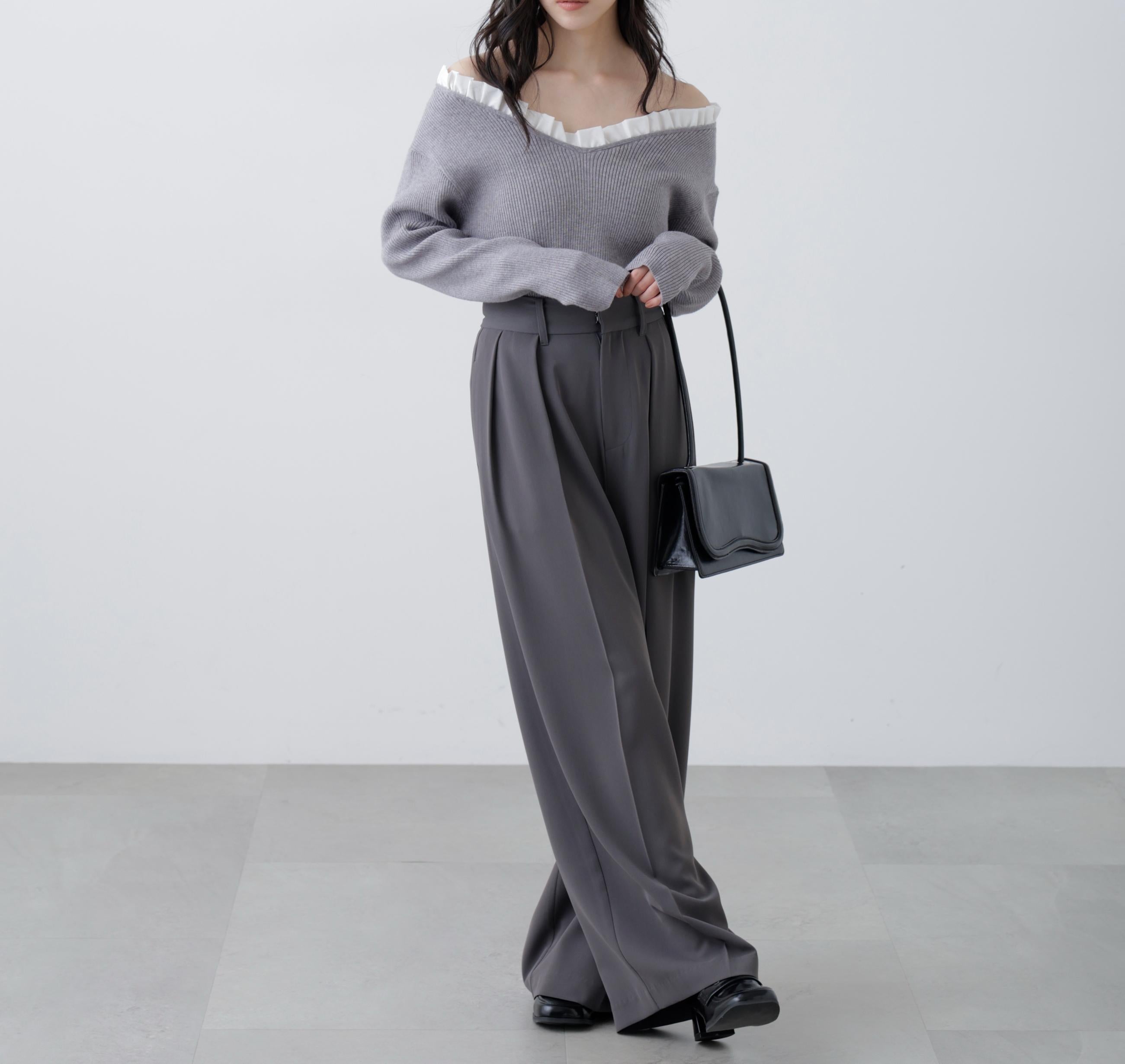 フリルドッキングVネックニット〈MFM〉 グレー