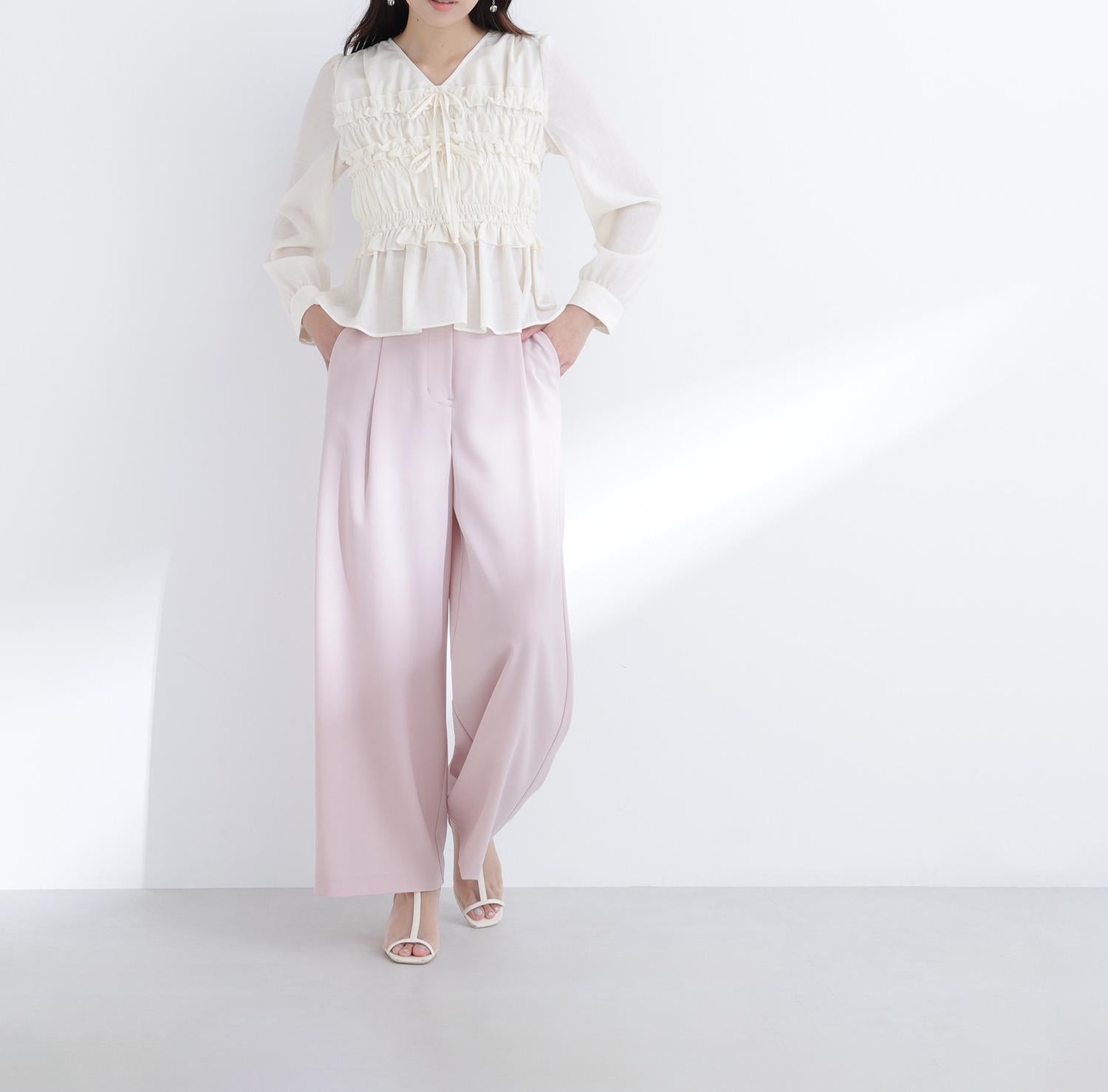 ベルテッドタックワイドパンツ ピンク