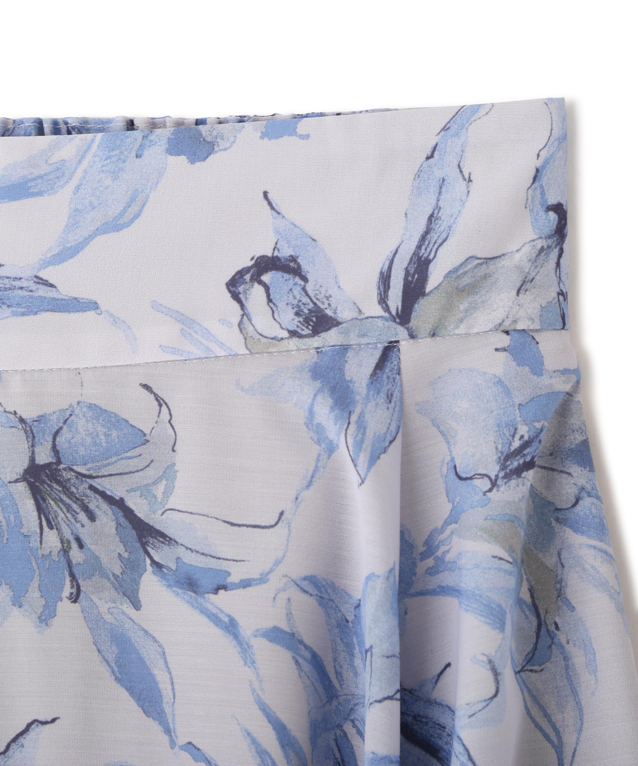 シアーアートフラワープリントスカート ブルー1