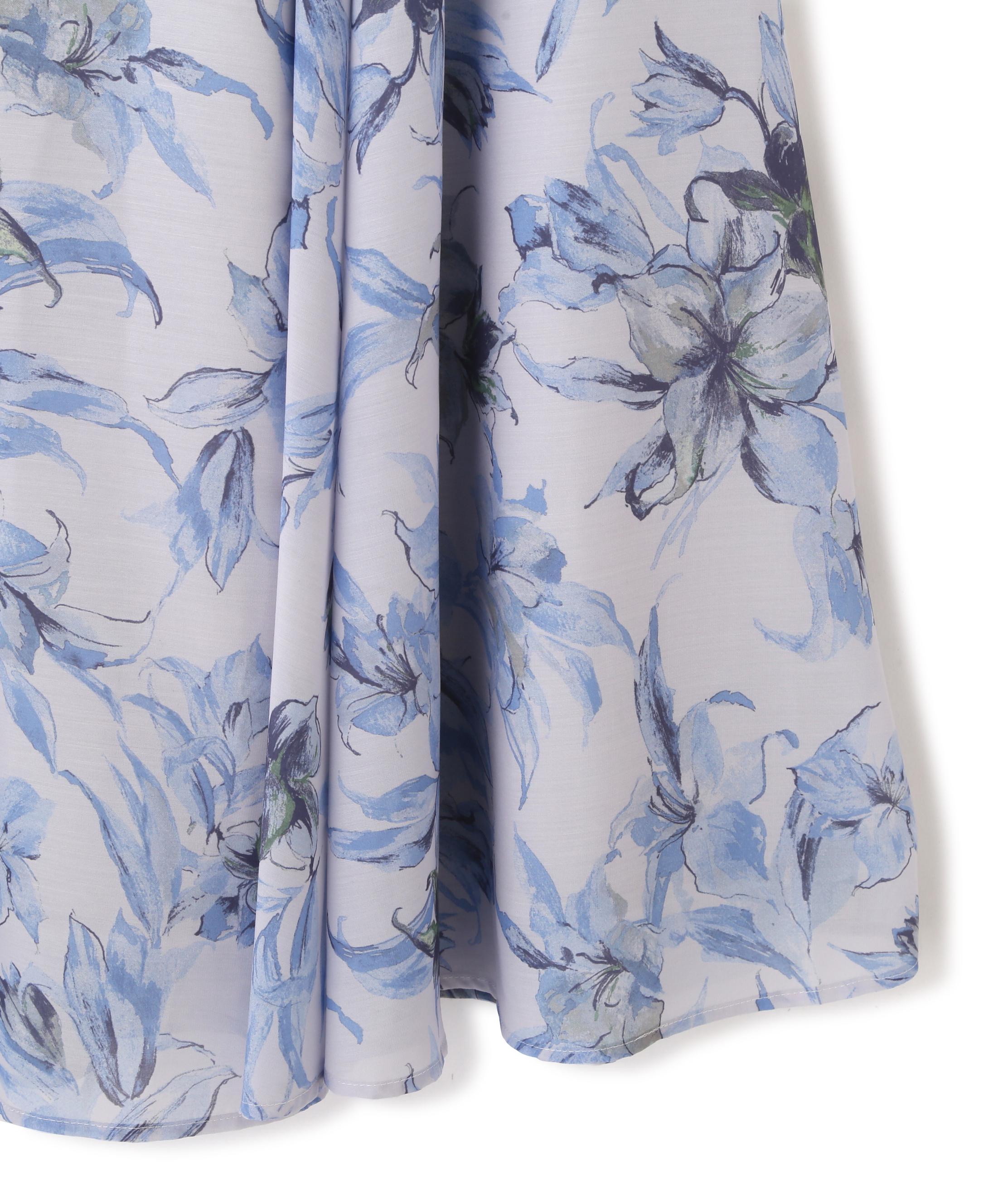 シアーアートフラワープリントスカート ブルー1