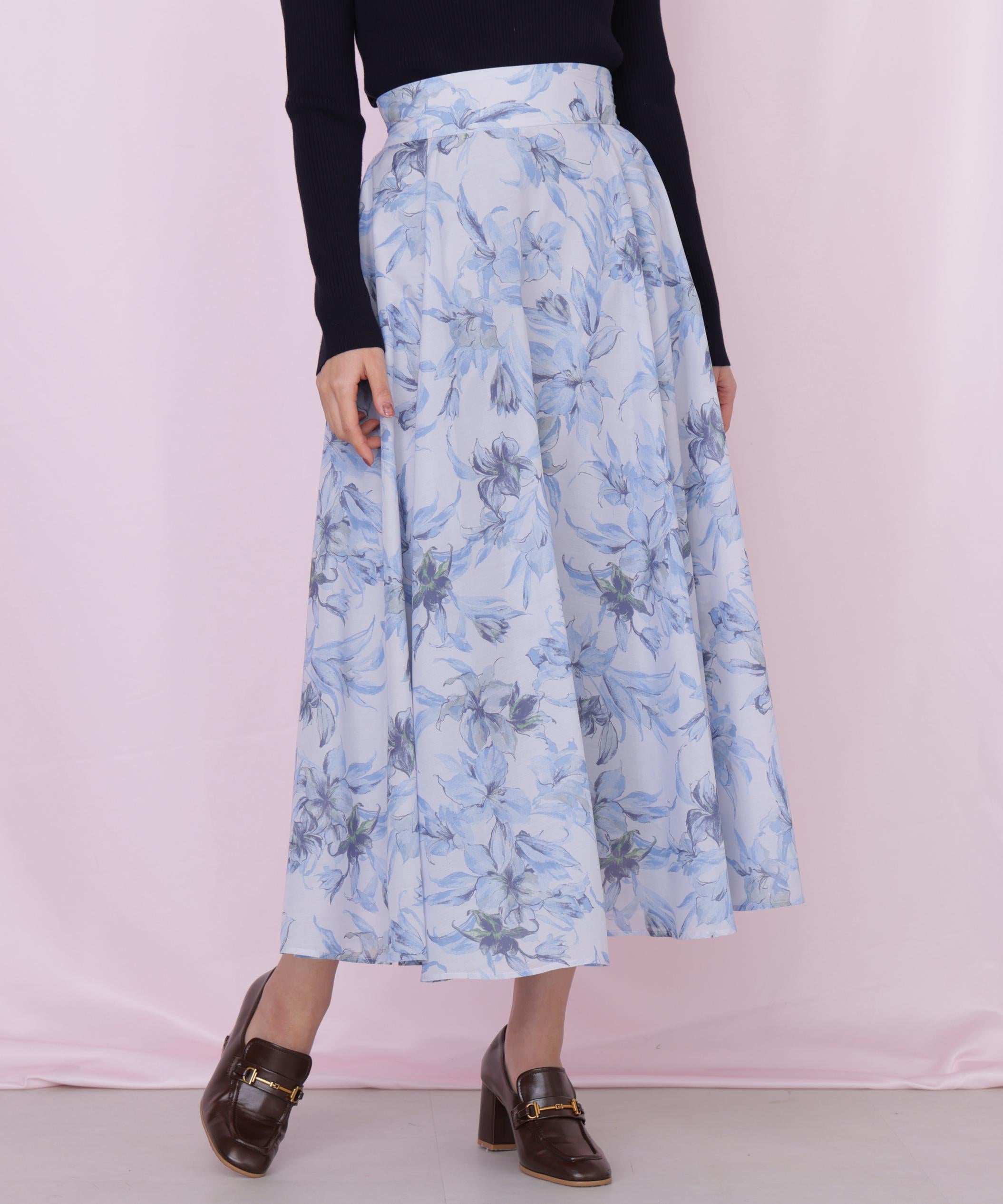 シアーアートフラワープリントスカート ブルー1