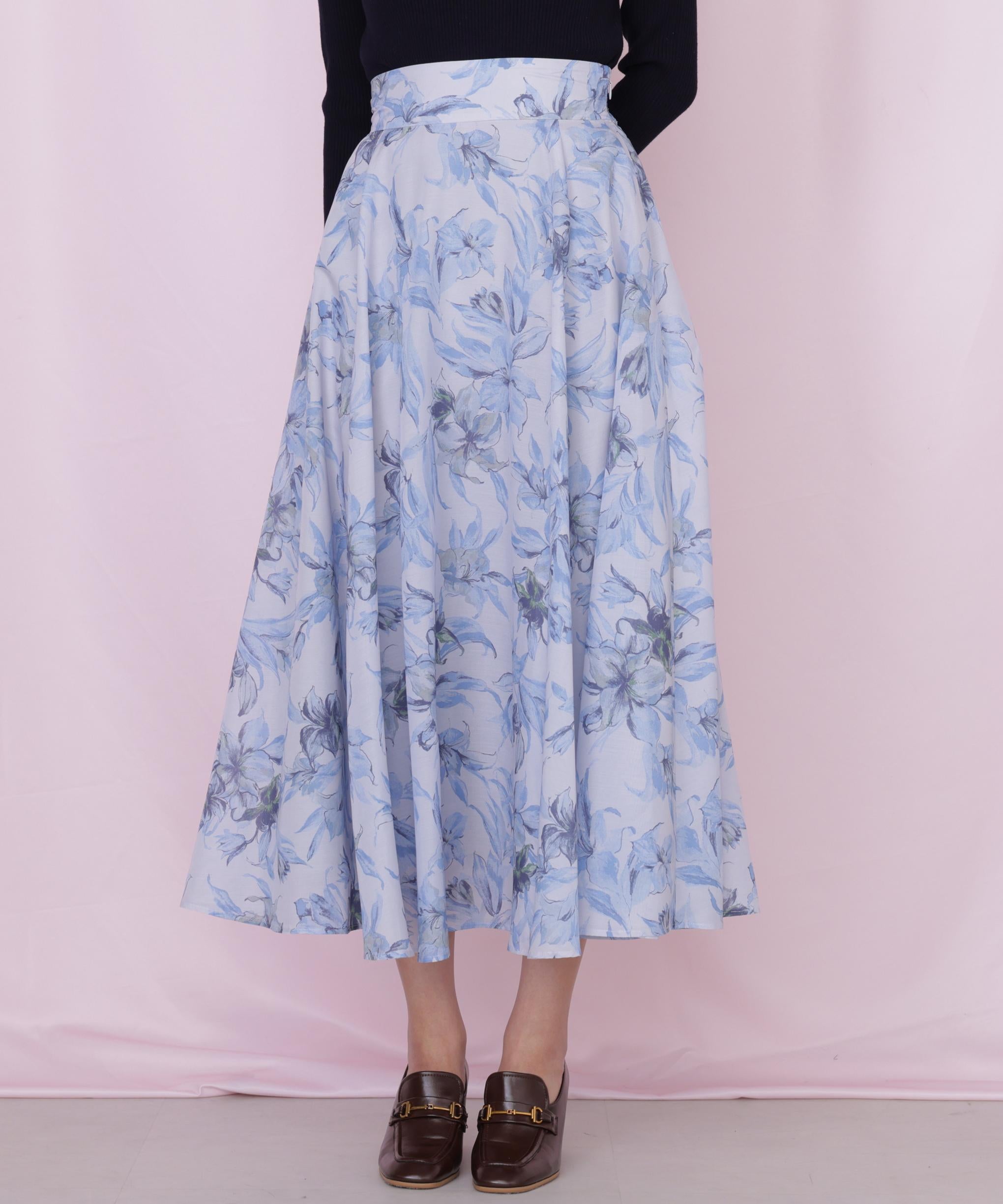 シアーアートフラワープリントスカート ブルー1