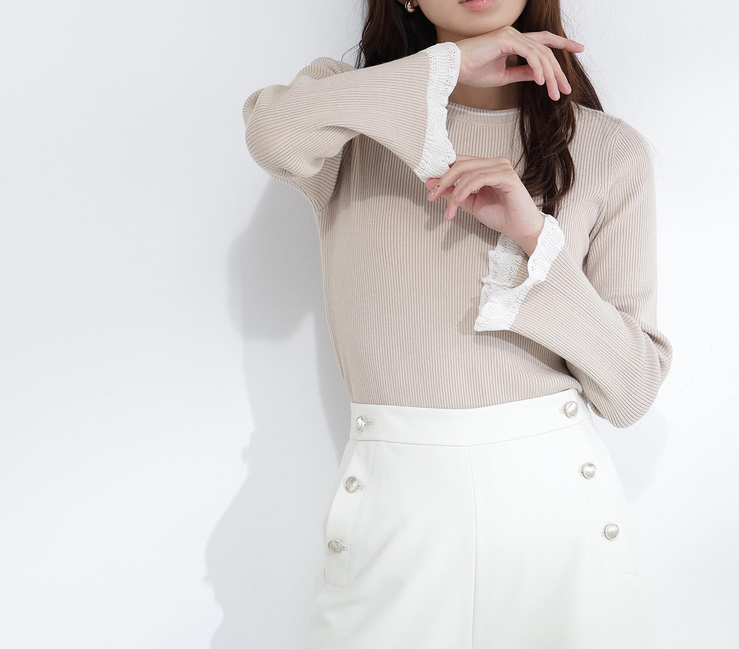 レーシーカフスリブニット ベージュ系2