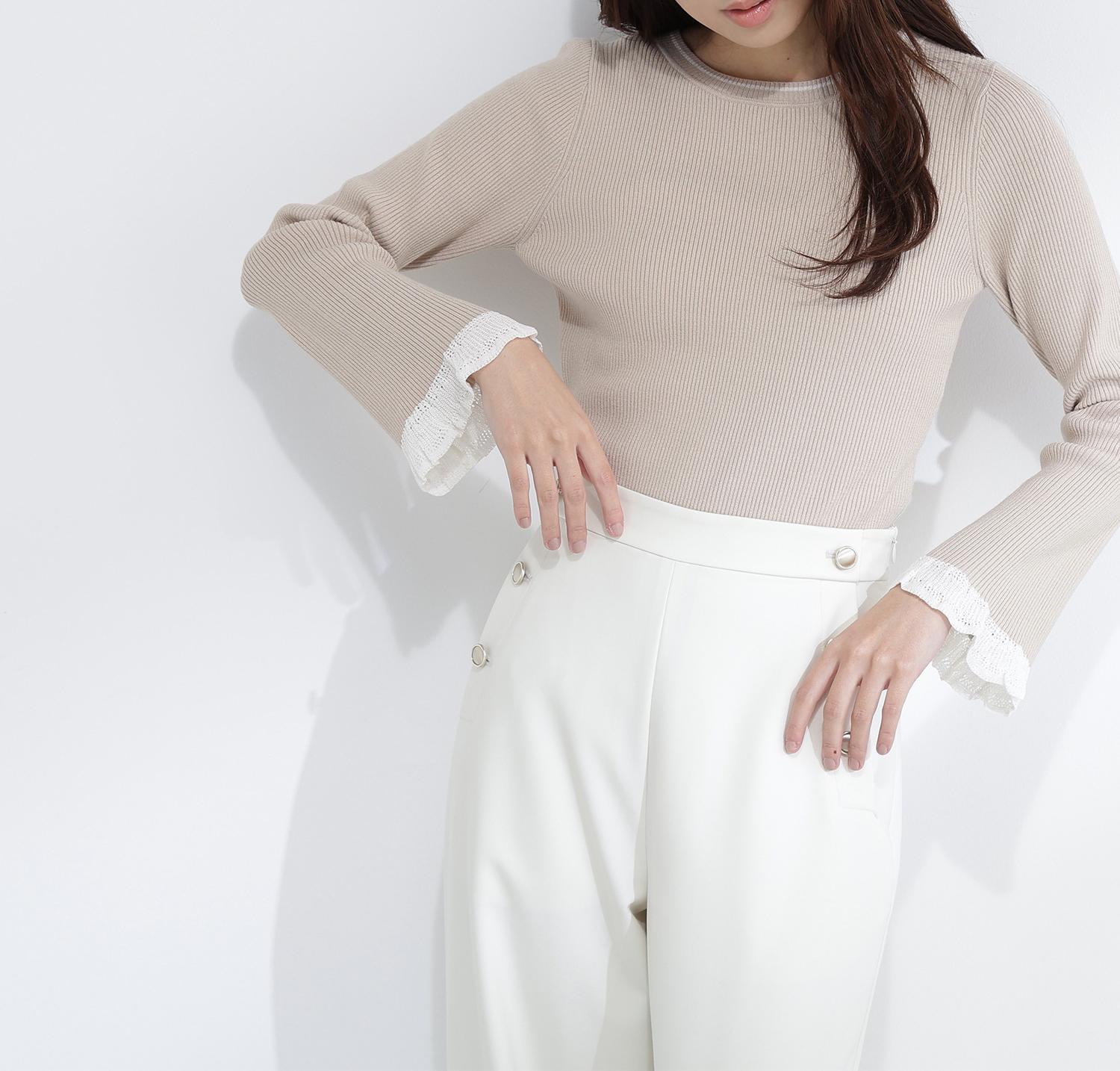 レーシーカフスリブニット ベージュ系2