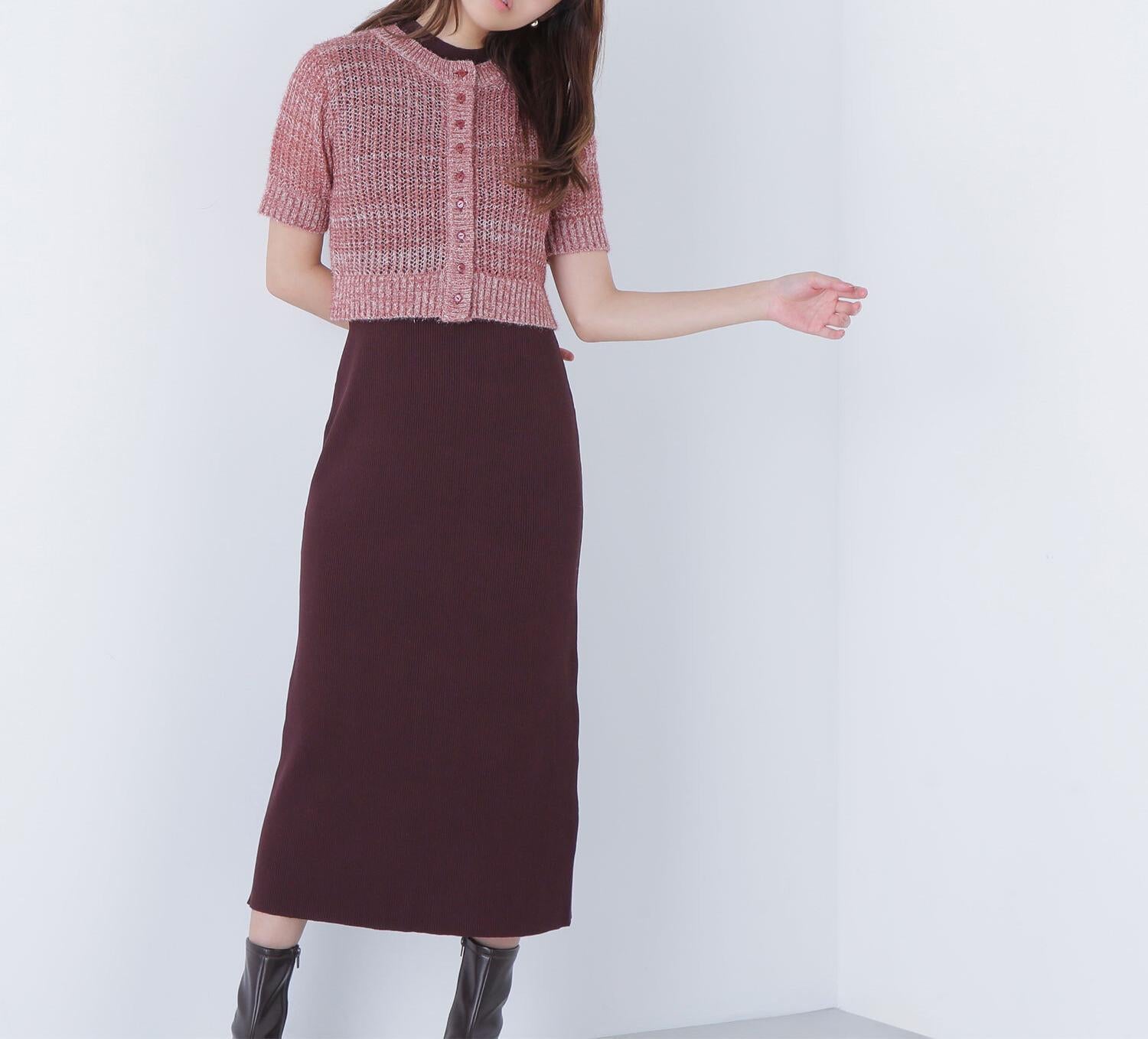 フィルムラメカーデセットニットワンピース ブラウン×ミックス2