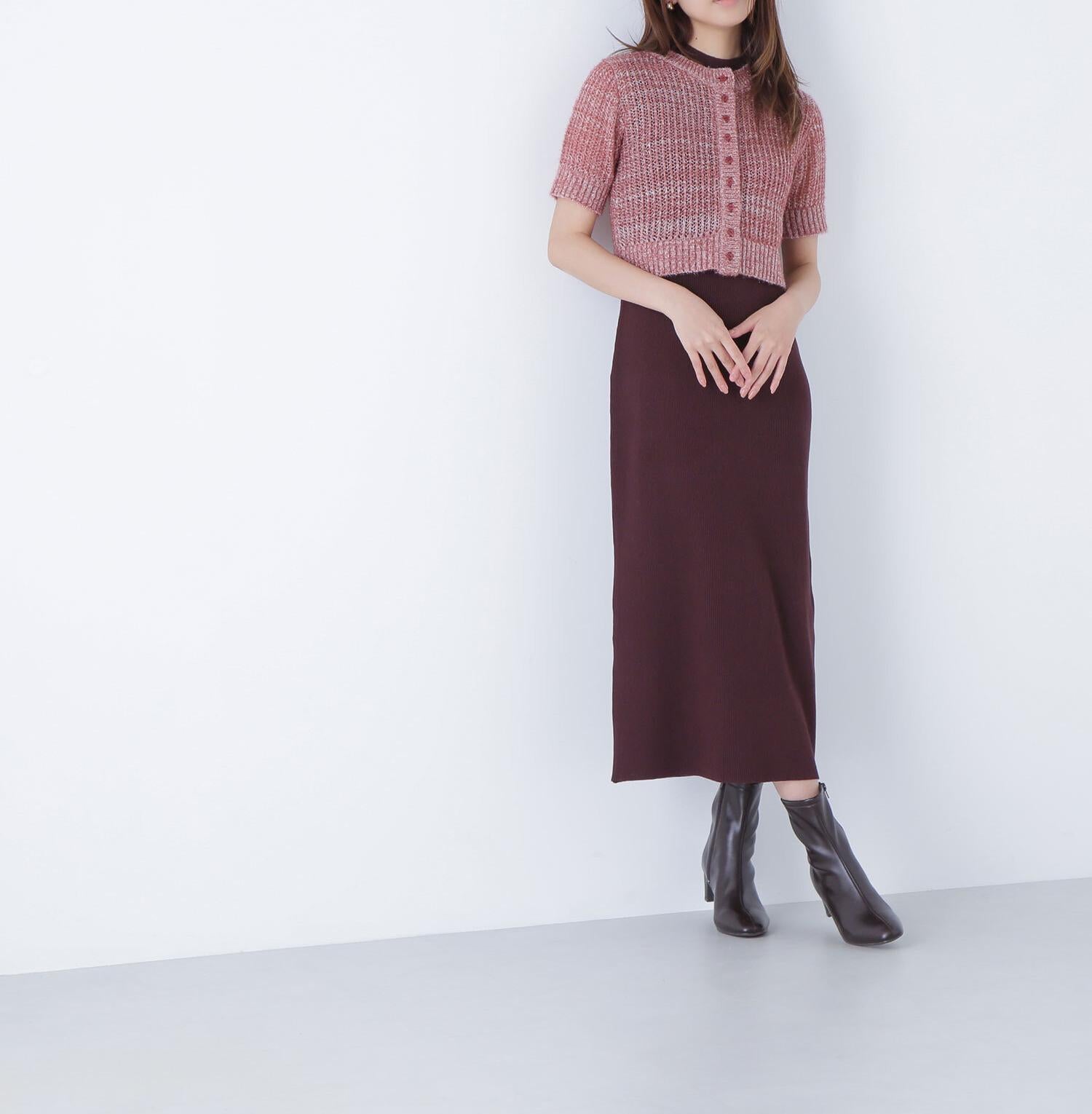 フィルムラメカーデセットニットワンピース ブラウン×ミックス2