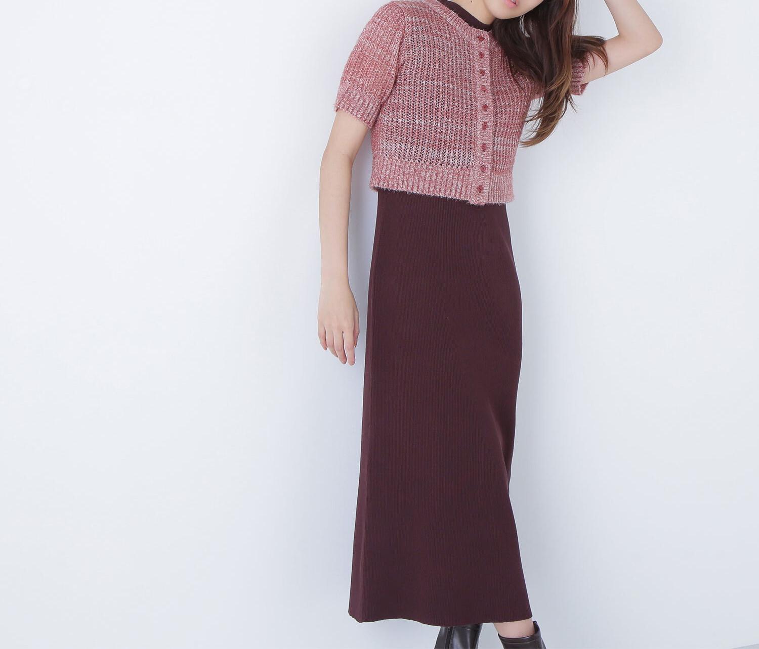 フィルムラメカーデセットニットワンピース ブラウン×ミックス2