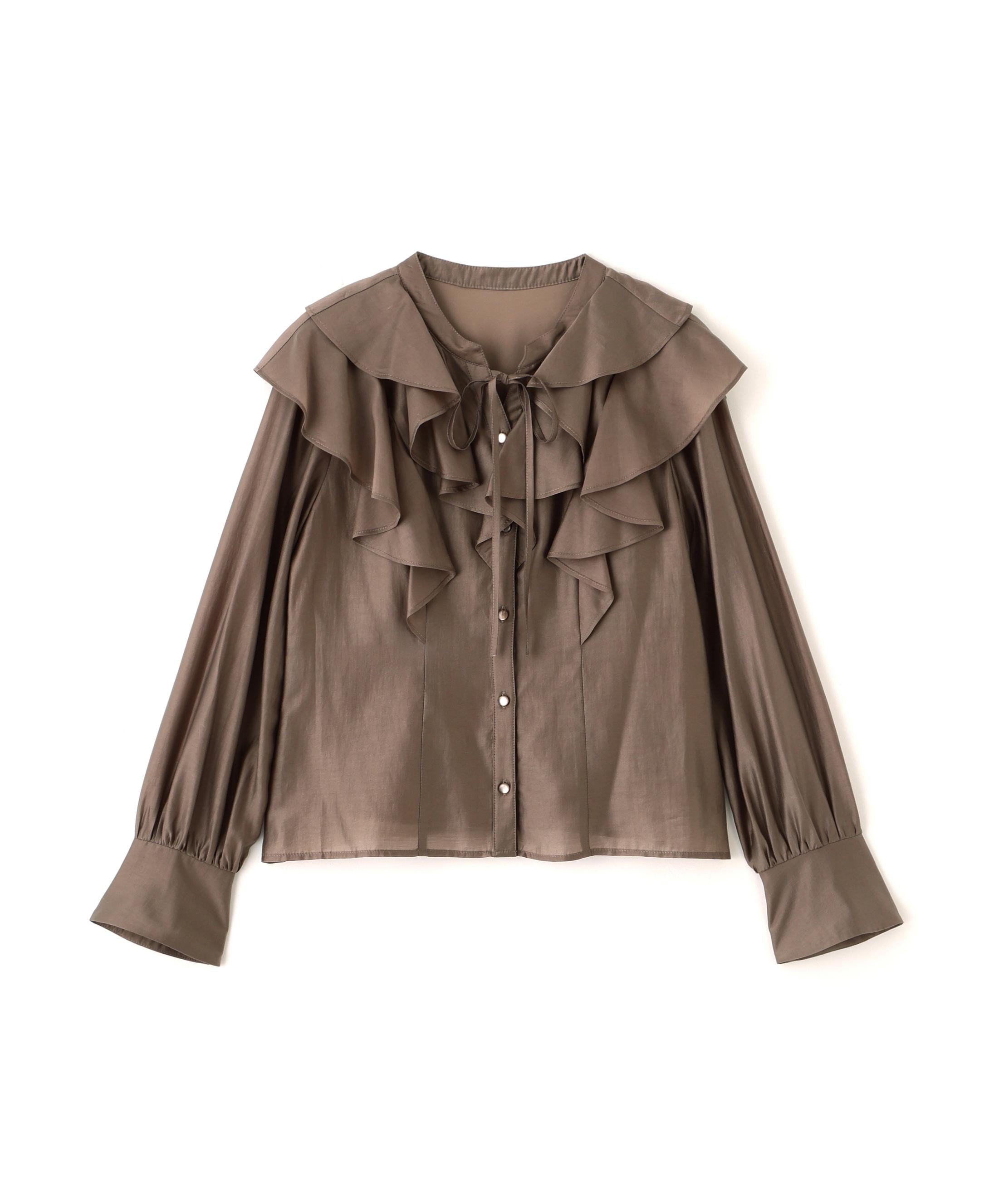 長袖ラッフルブラウス ブラウン