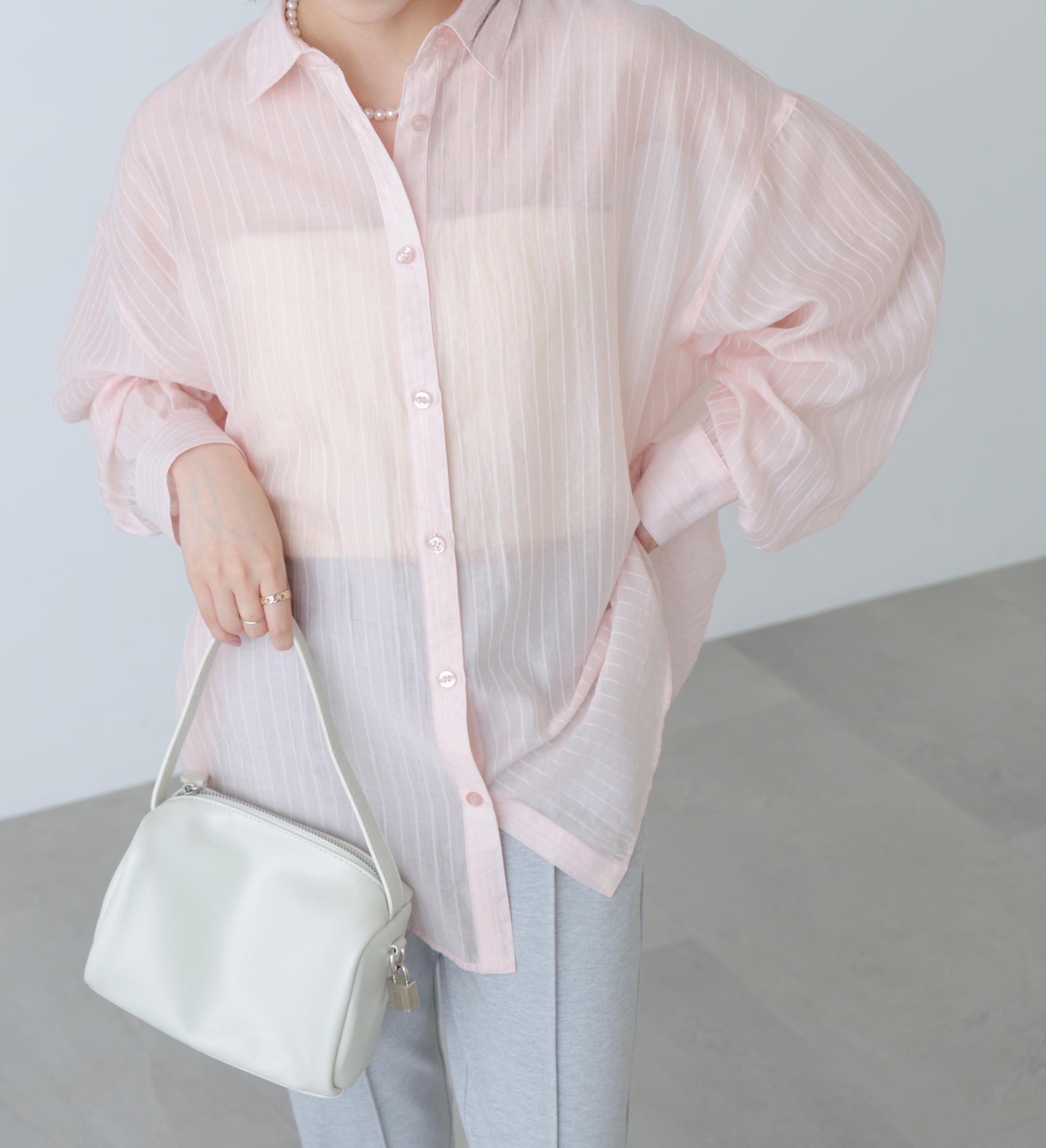 シアーダブルストライプシャツ ピンクベース1