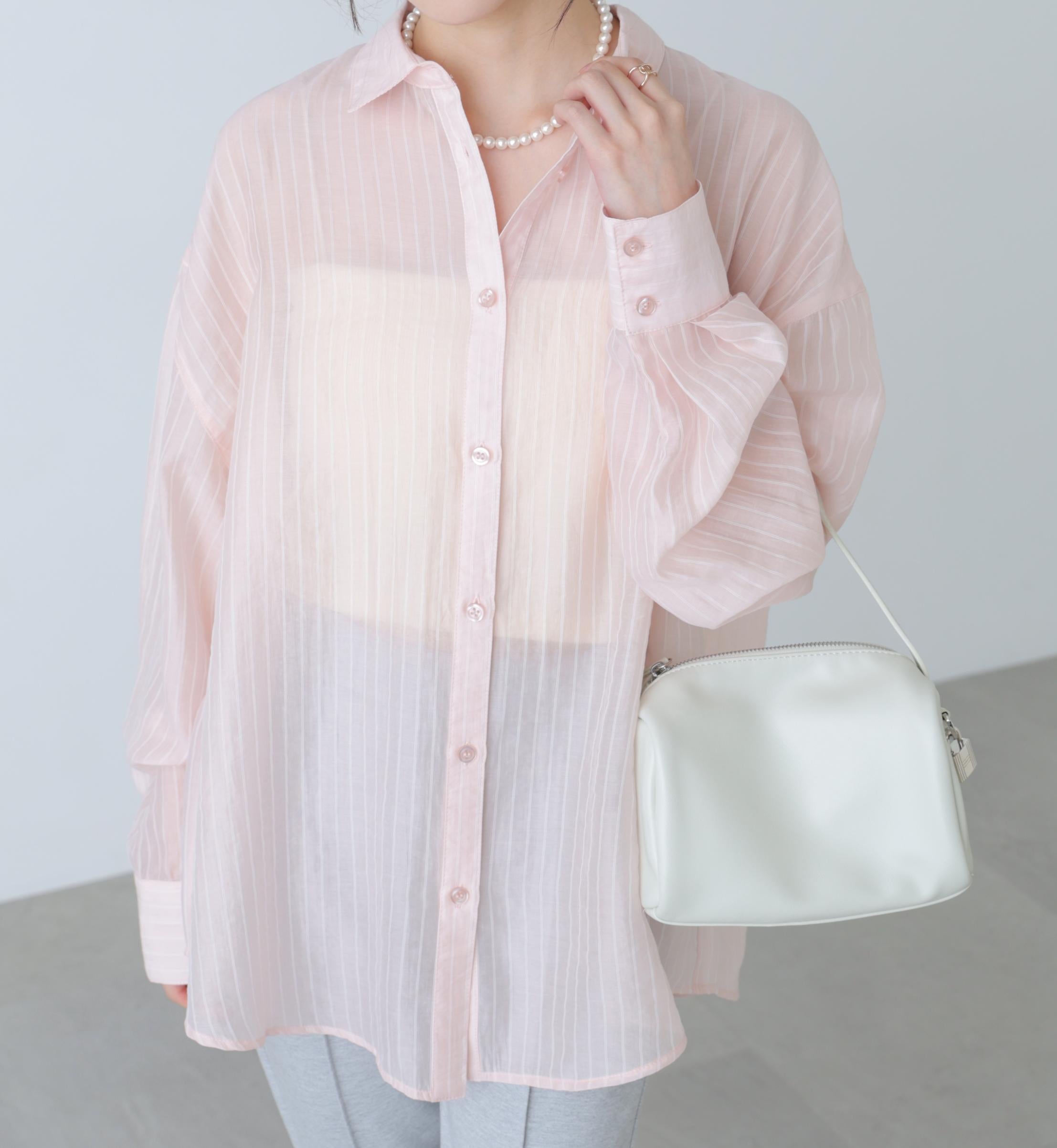 シアーダブルストライプシャツ ピンクベース1