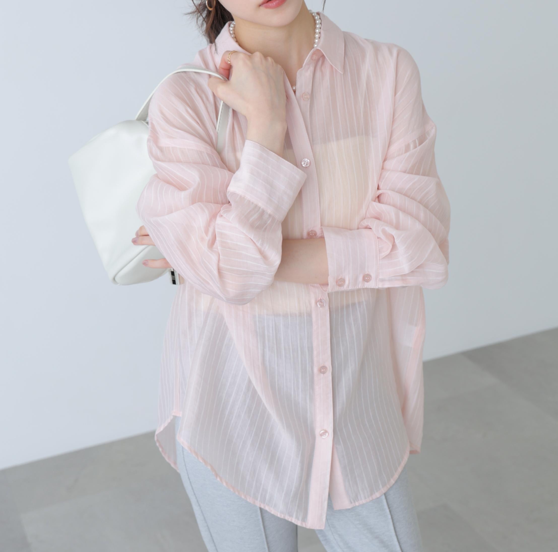 シアーダブルストライプシャツ ピンクベース1