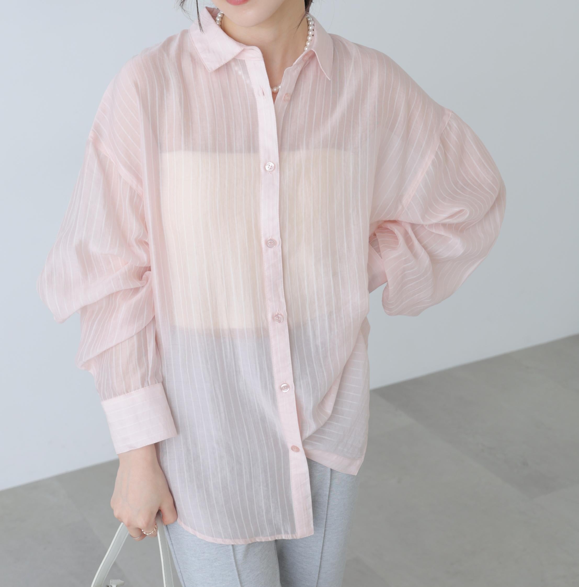 シアーダブルストライプシャツ ピンクベース1