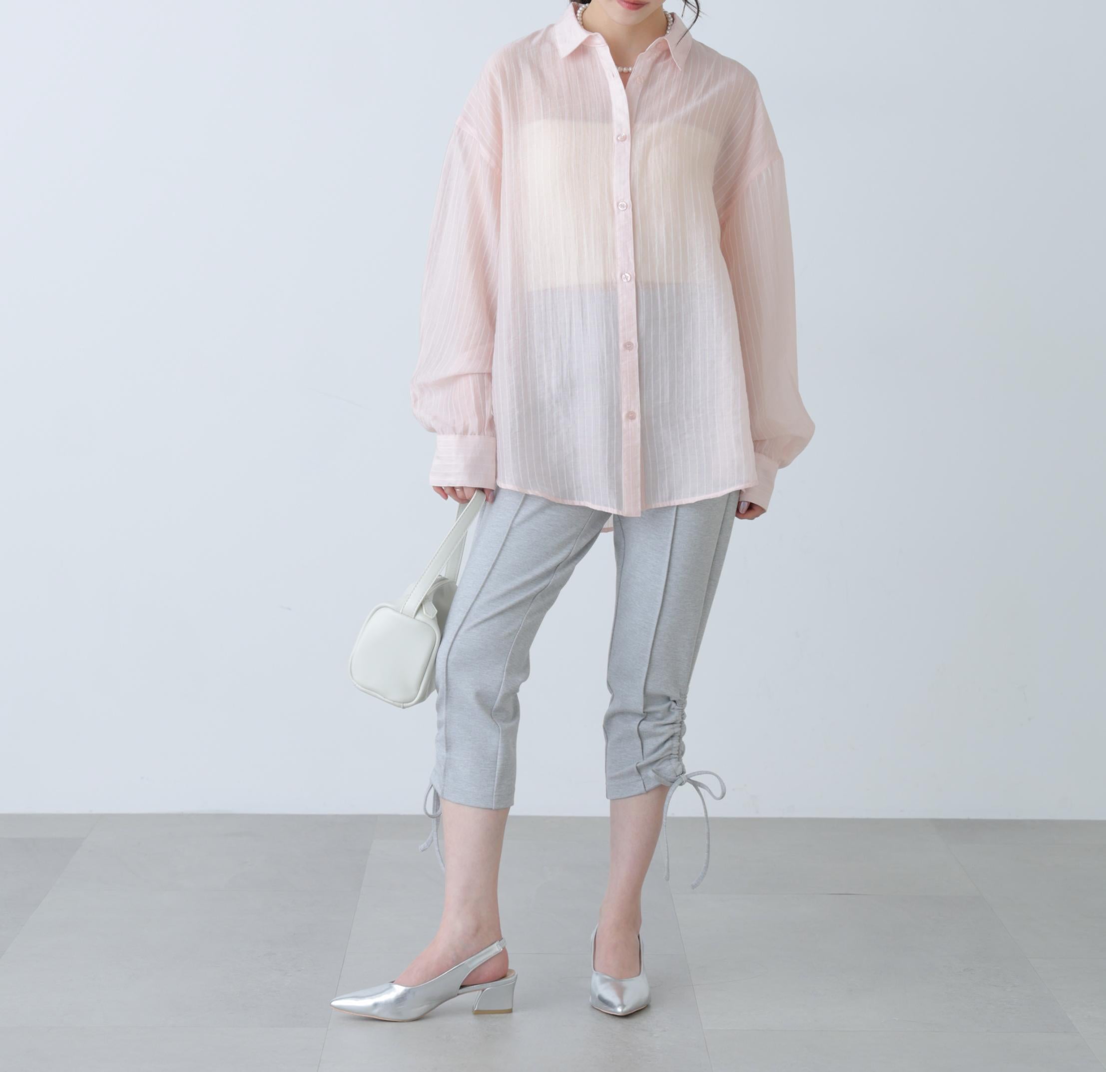シアーダブルストライプシャツ ピンクベース1