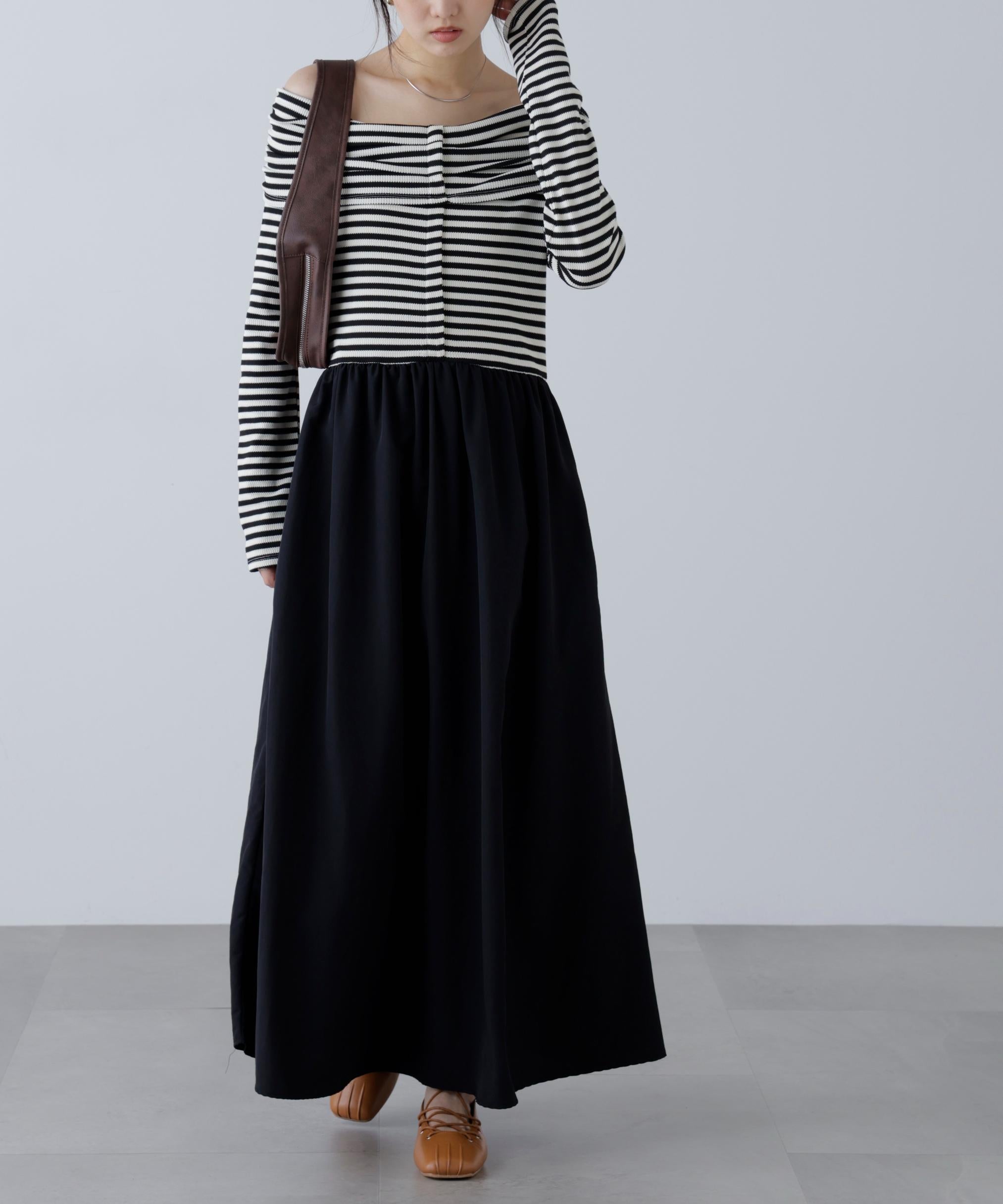 オフショルドッキングワンピース ボーダー1