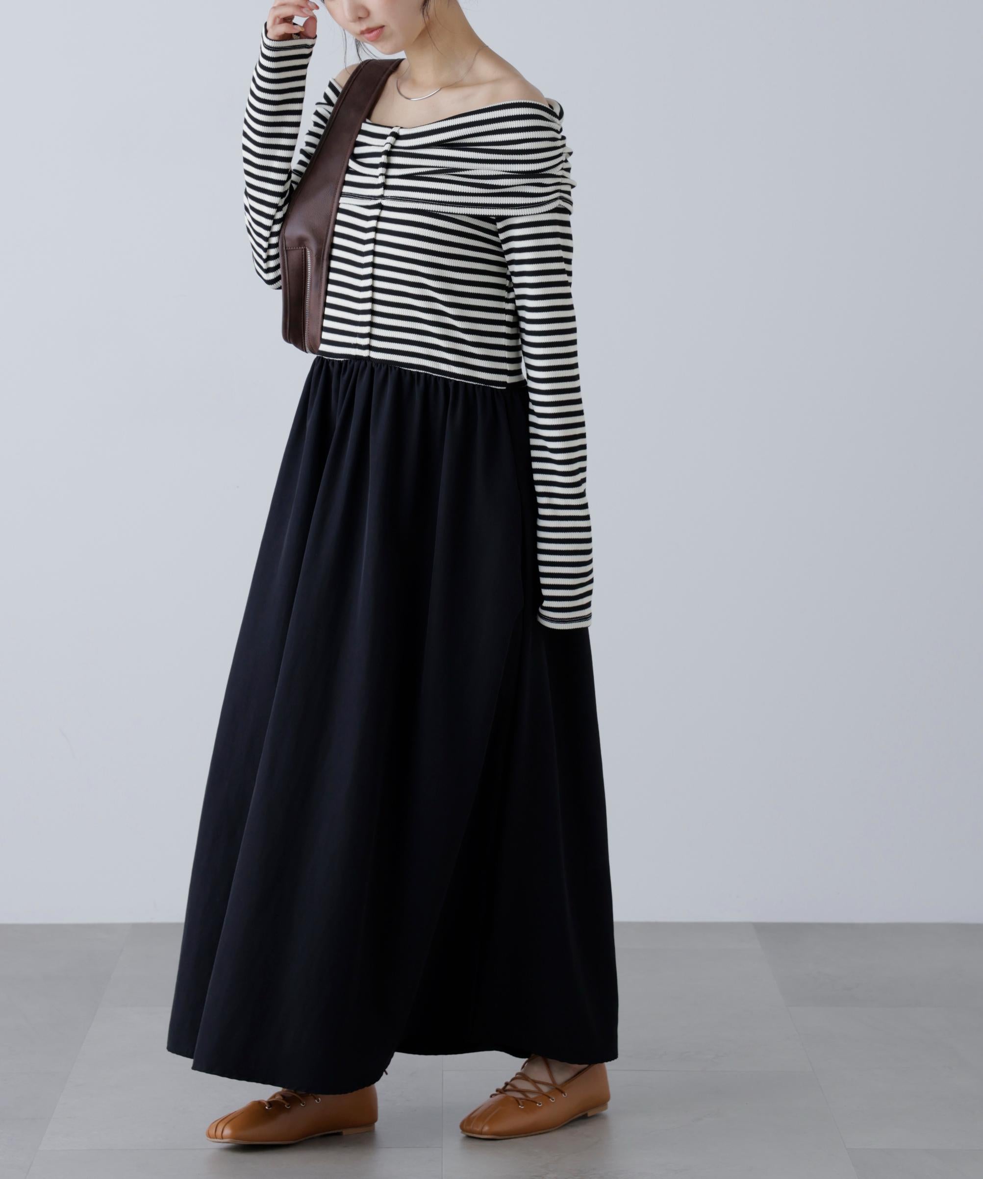 オフショルドッキングワンピース ボーダー1