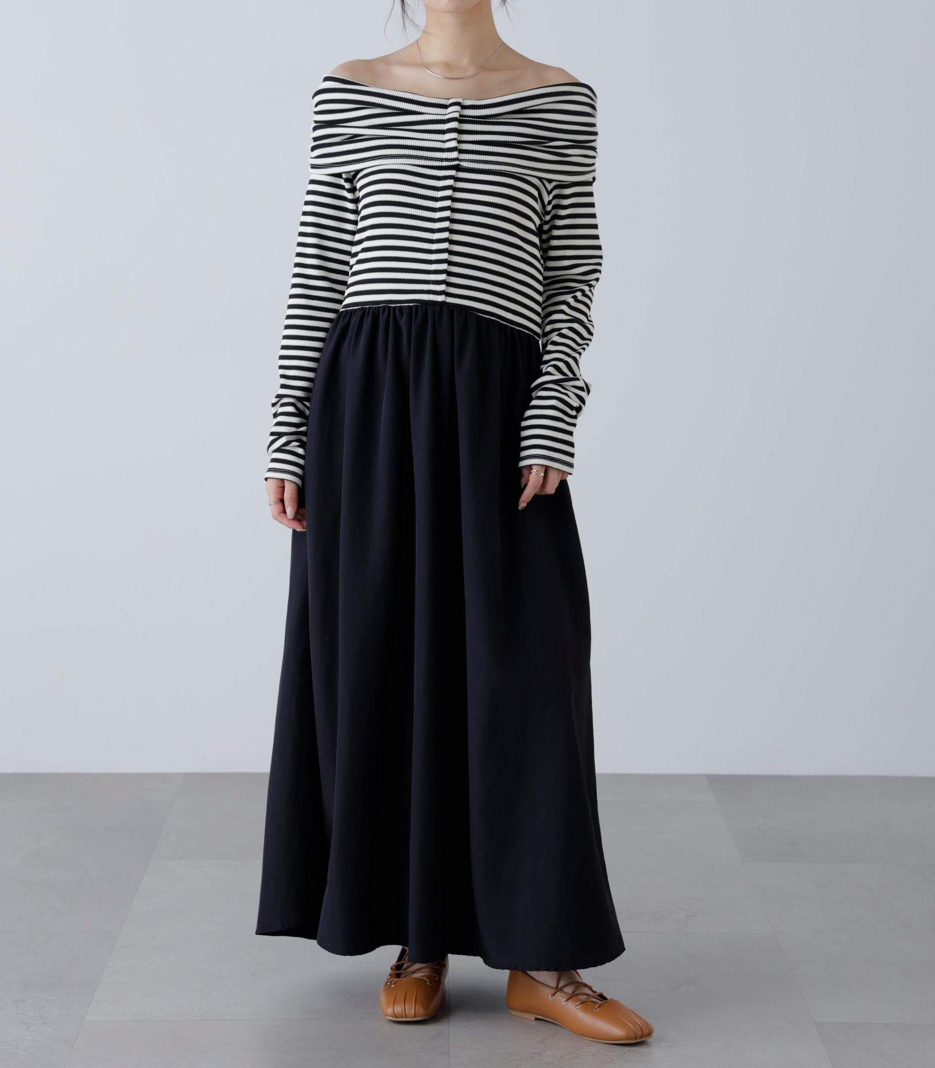 オフショルドッキングワンピース ボーダー1