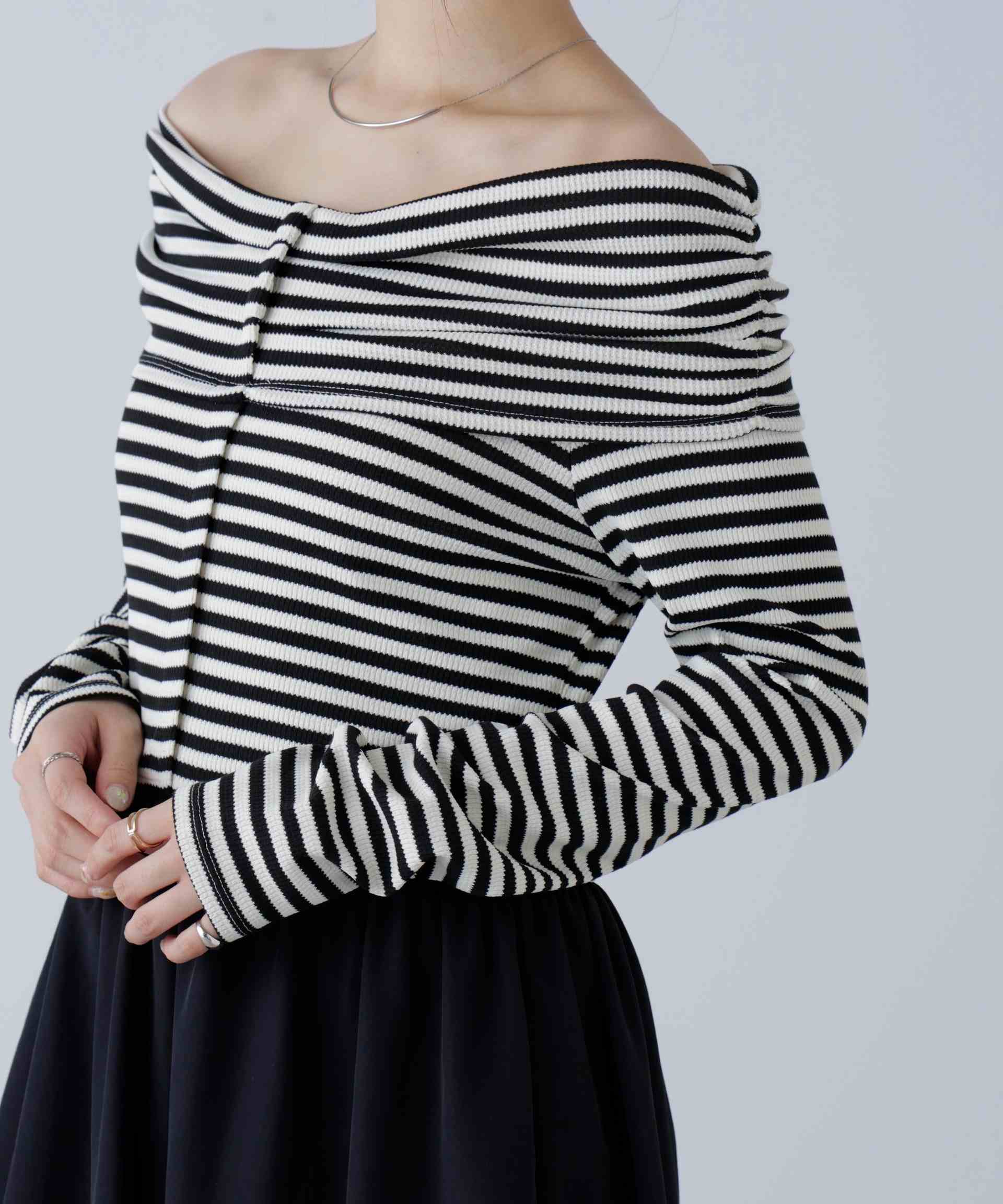 オフショルドッキングワンピース ボーダー1