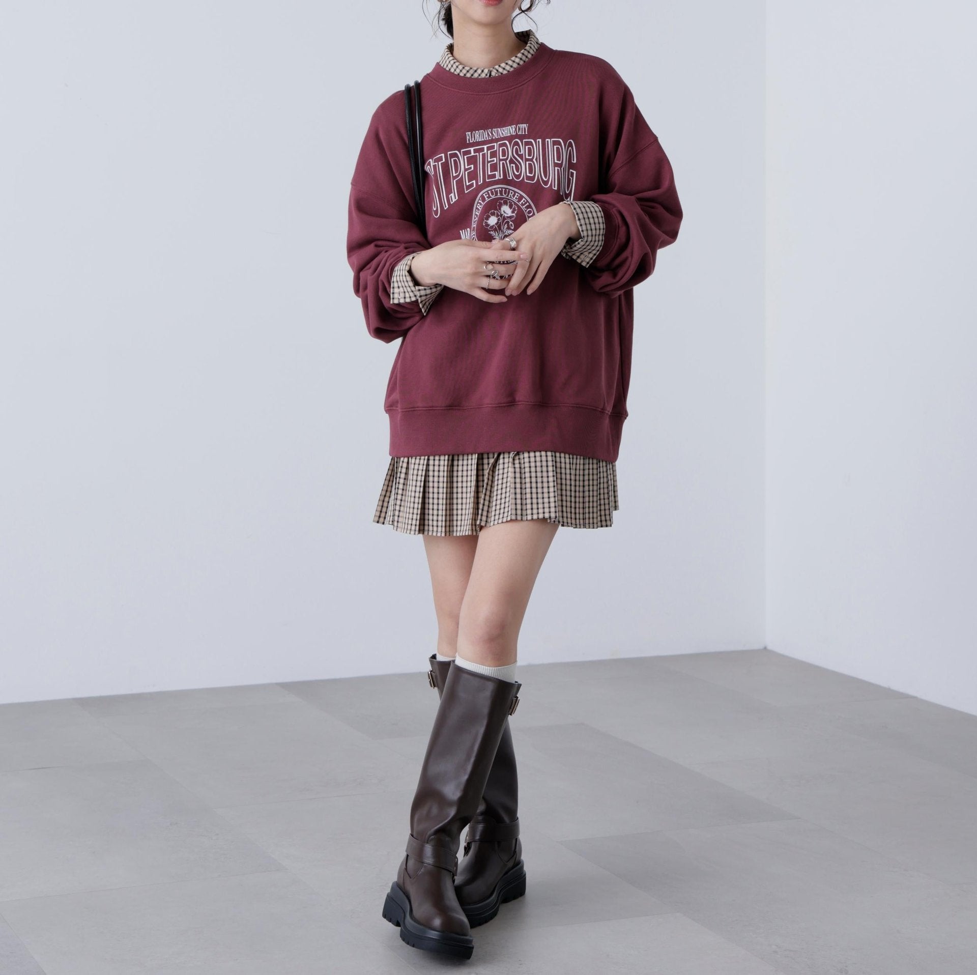 プリーツシャツロングスリーブミニワンピース ベージュチェック1