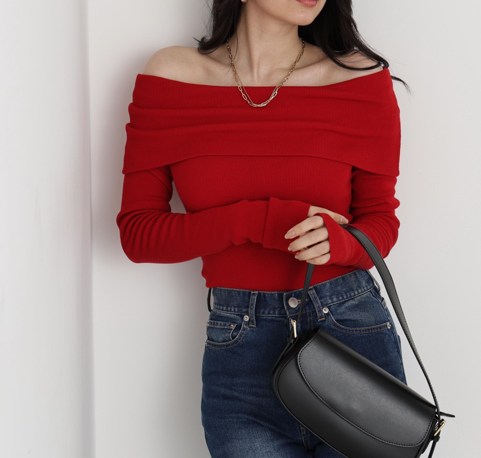◆オフショルダー2WAYニットプルオーバー レッド