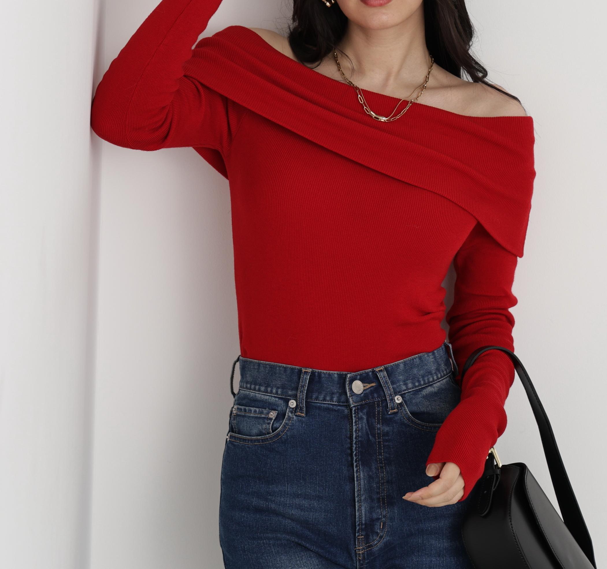 ◆オフショルダー2WAYニットプルオーバー レッド
