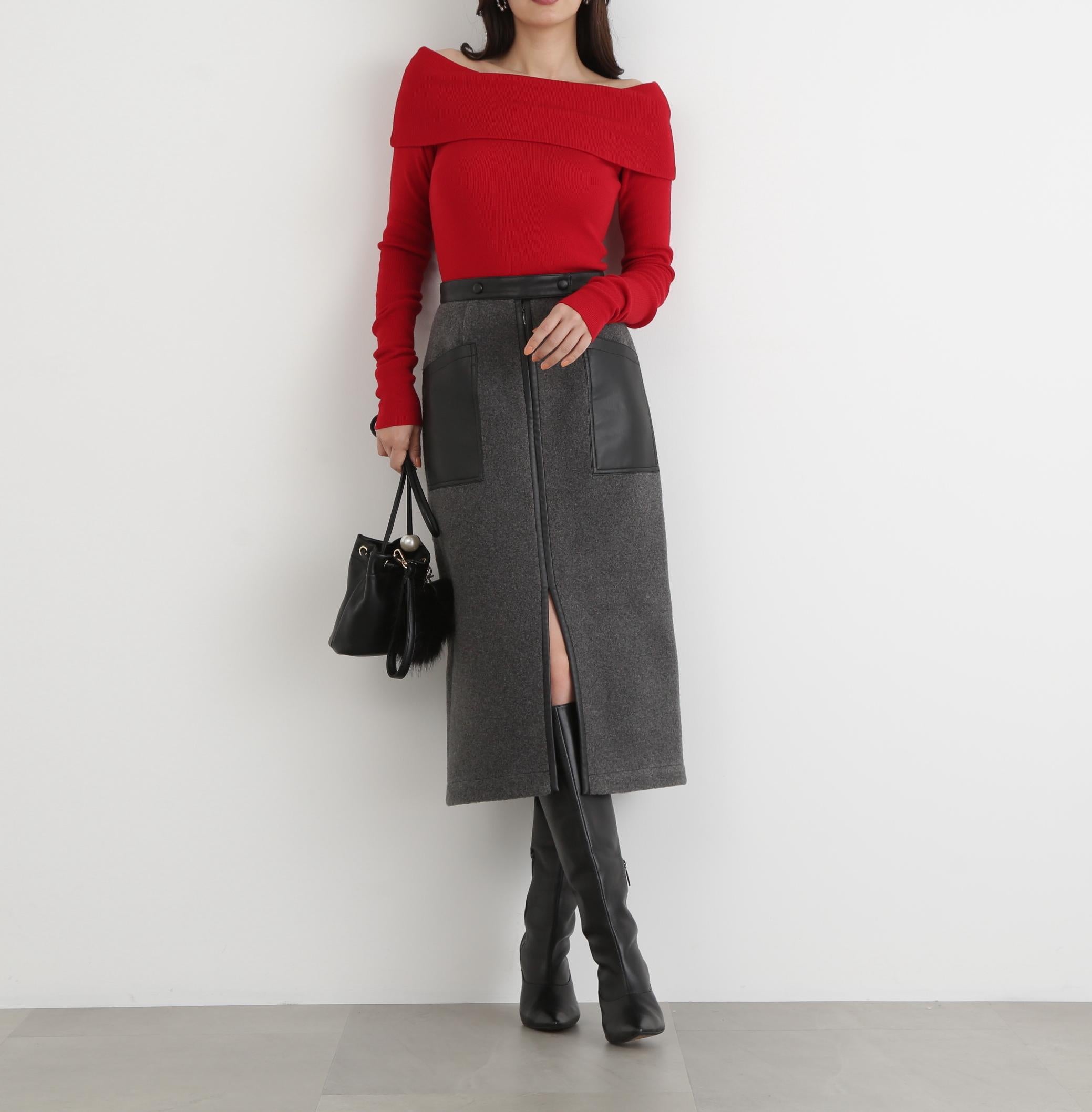 ◆オフショルダー2WAYニットプルオーバー レッド