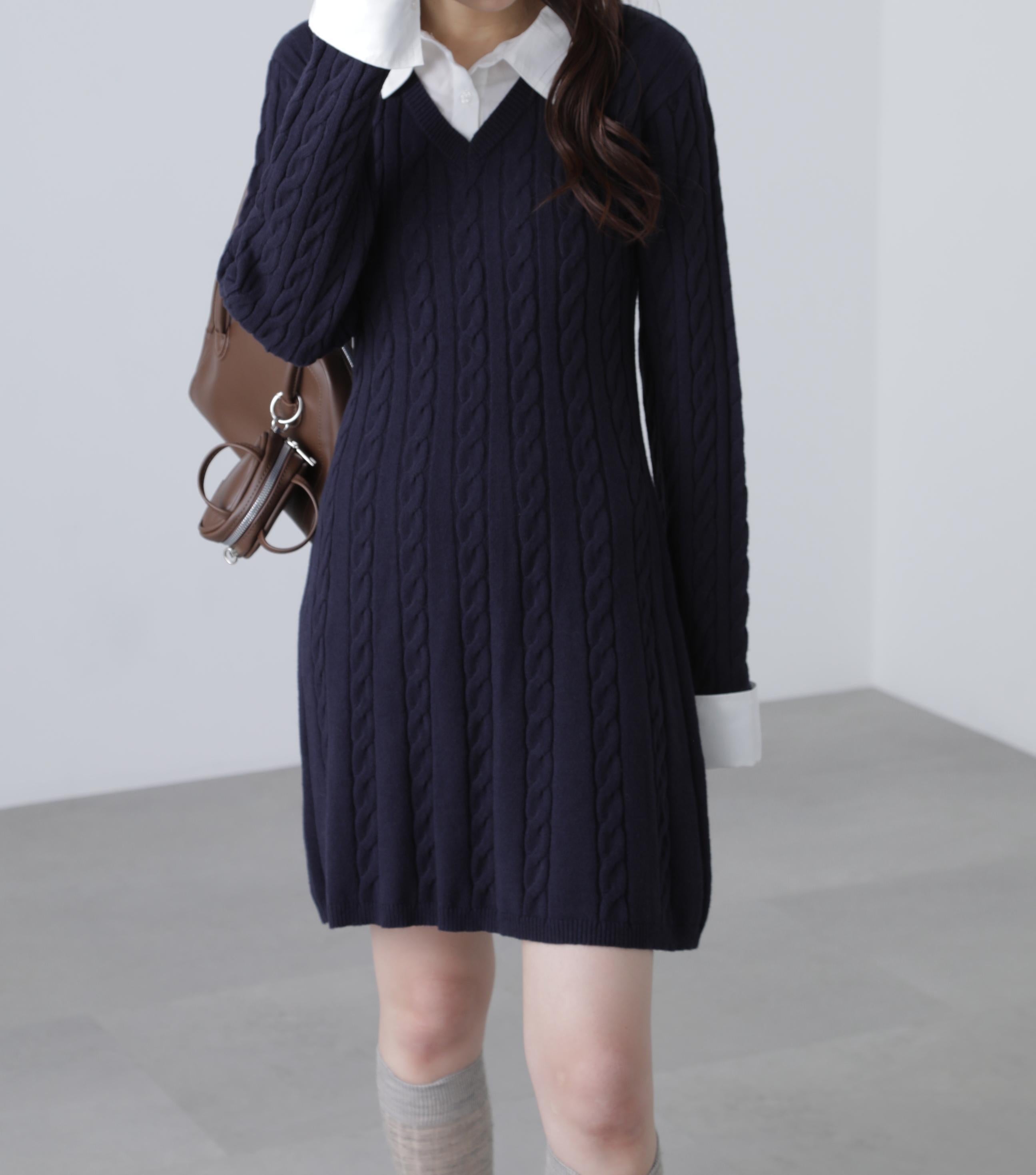 レイヤード風ケーブルニットミニワンピース ネイビー
