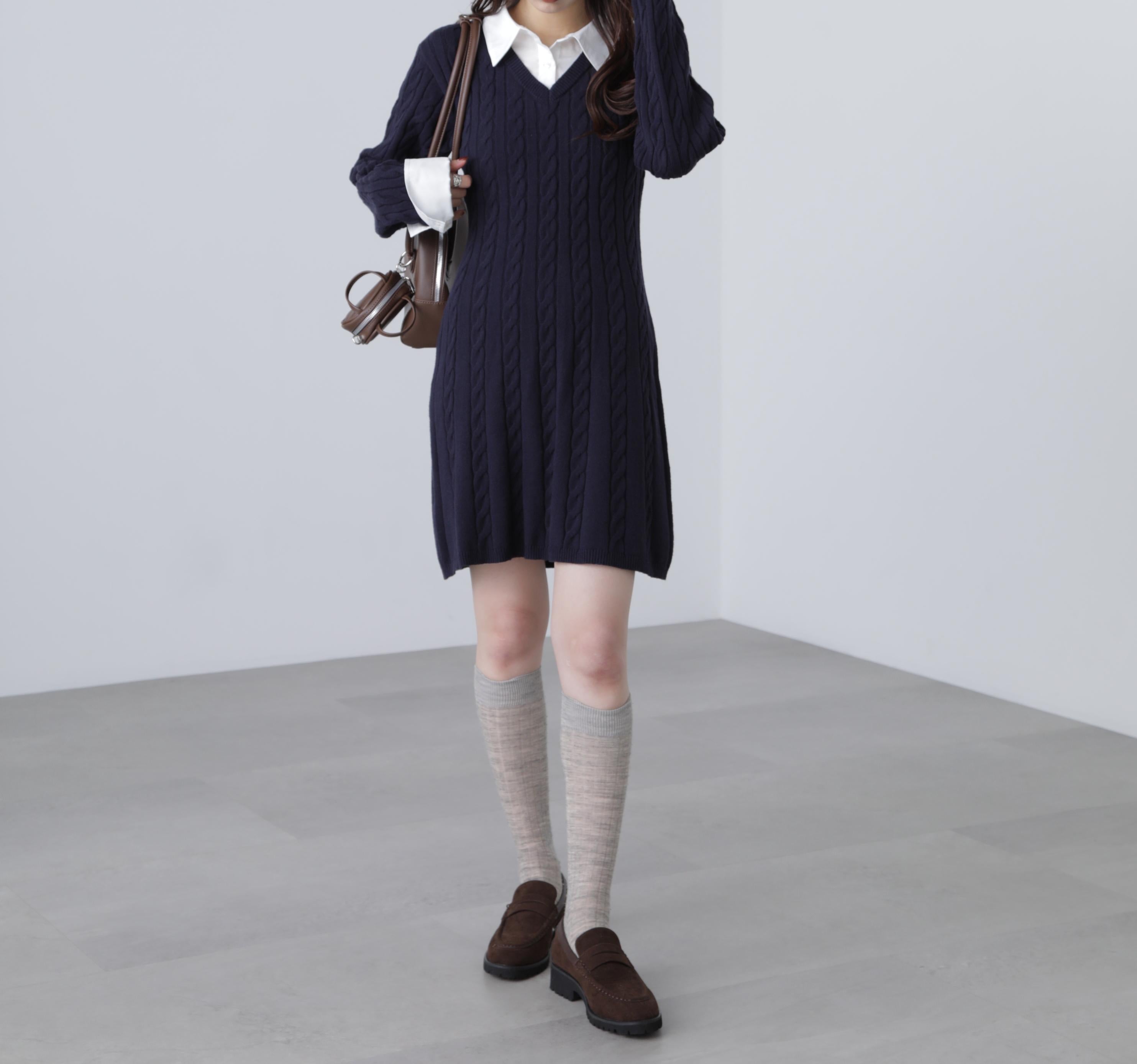 レイヤード風ケーブルニットミニワンピース ネイビー