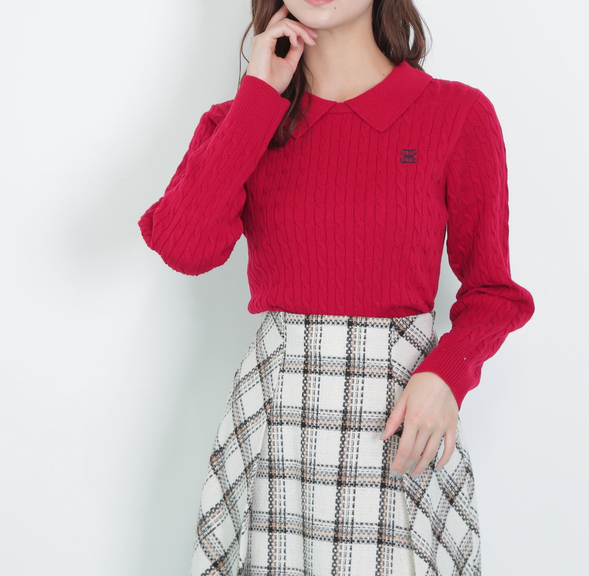 レイヤード衿ケーブルニット レッド