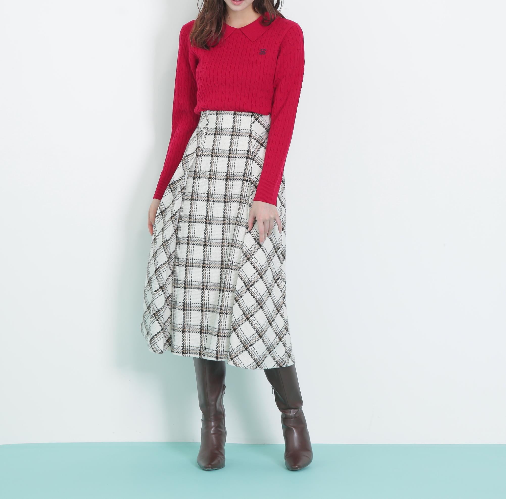 レイヤード衿ケーブルニット レッド