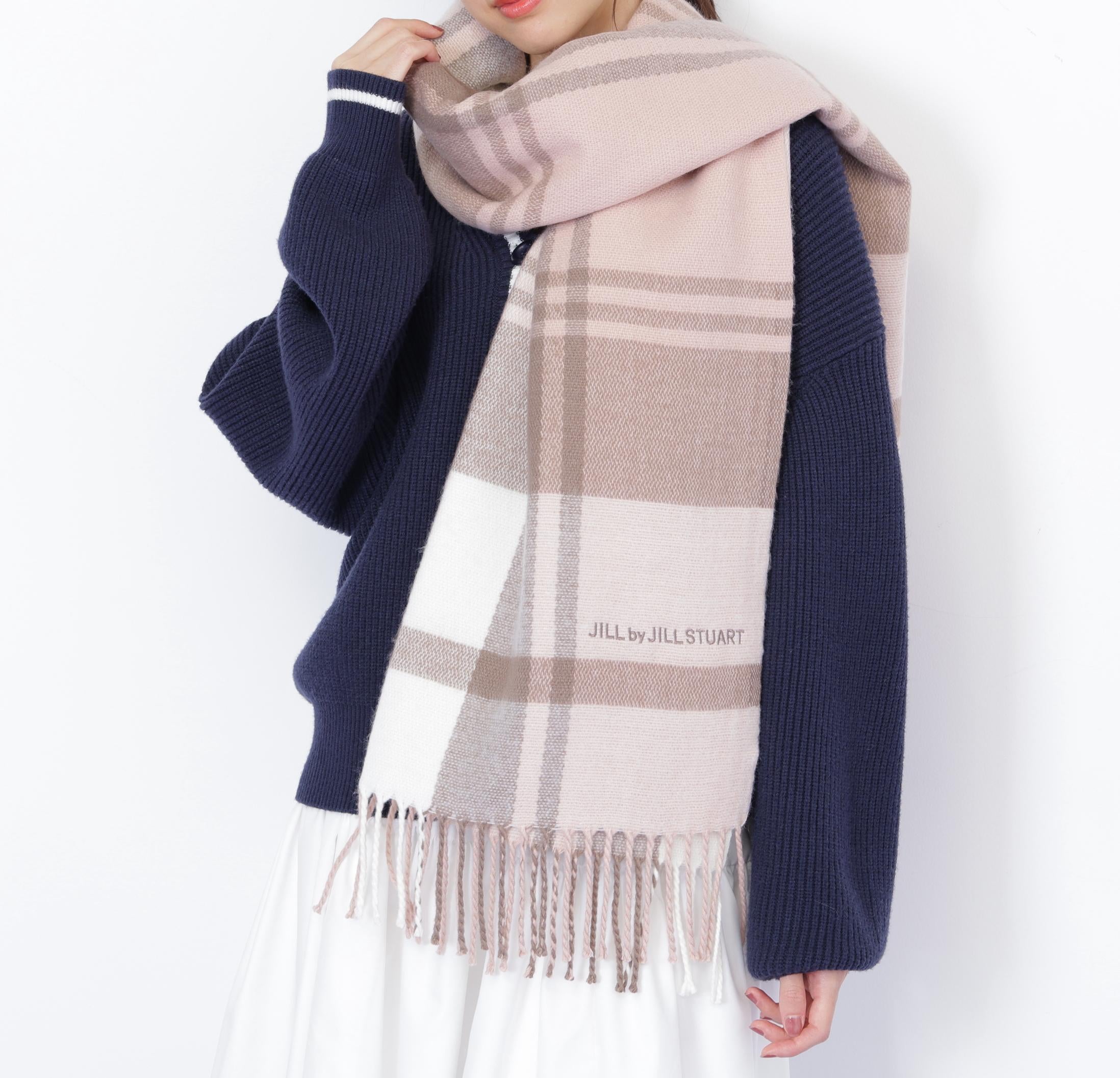 エンブロイダリーロゴチェックストール モカ