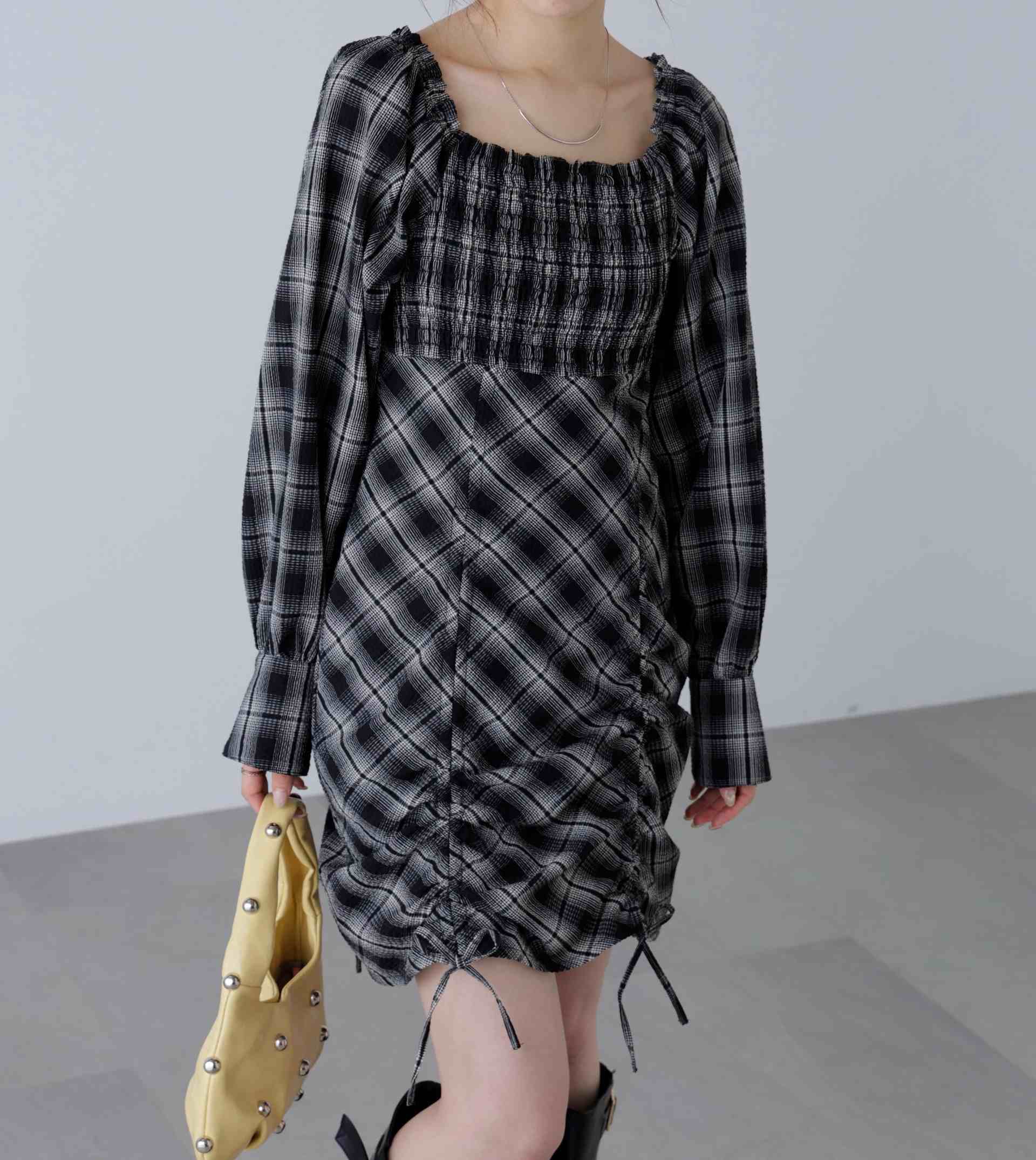 Shirring Drawstring Ribbon Check Mini Dress Shirring Drawstring Ribbon Check Mini Dress