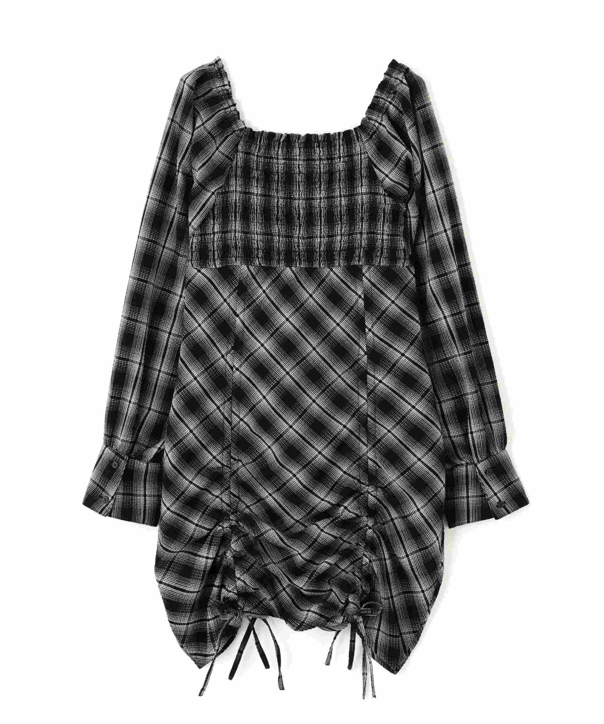 シャーリングドロストリボンチェックミニワンピース ブラックベース1