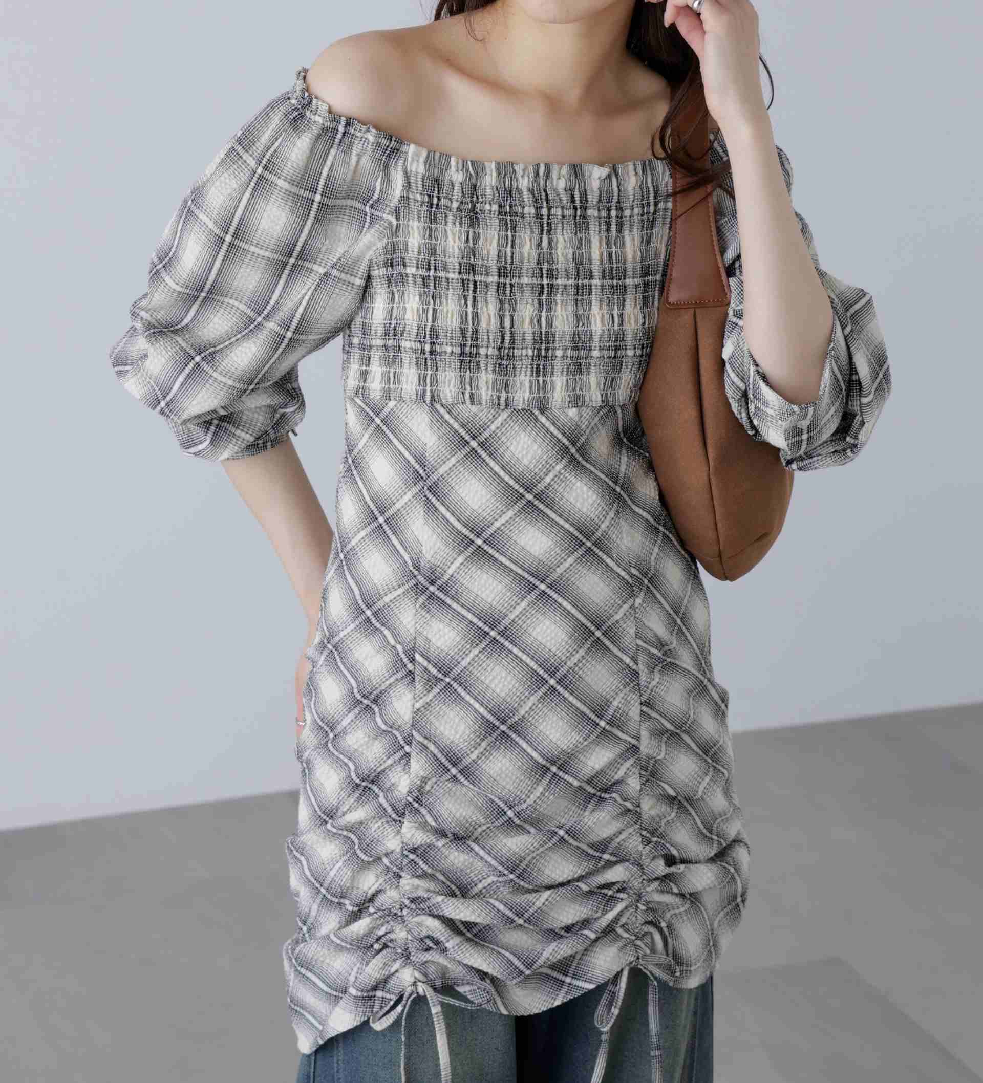 Shirring Drawstring Ribbon Check Mini Dress Shirring Drawstring Ribbon Check Mini Dress