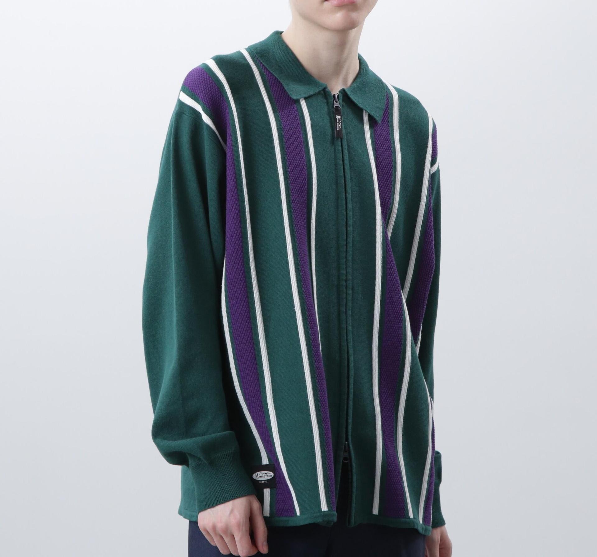 MANASTASH/マナスタッシュ/MCA ST>IPE ZIP KNIT/ストライプジップニット グリーン