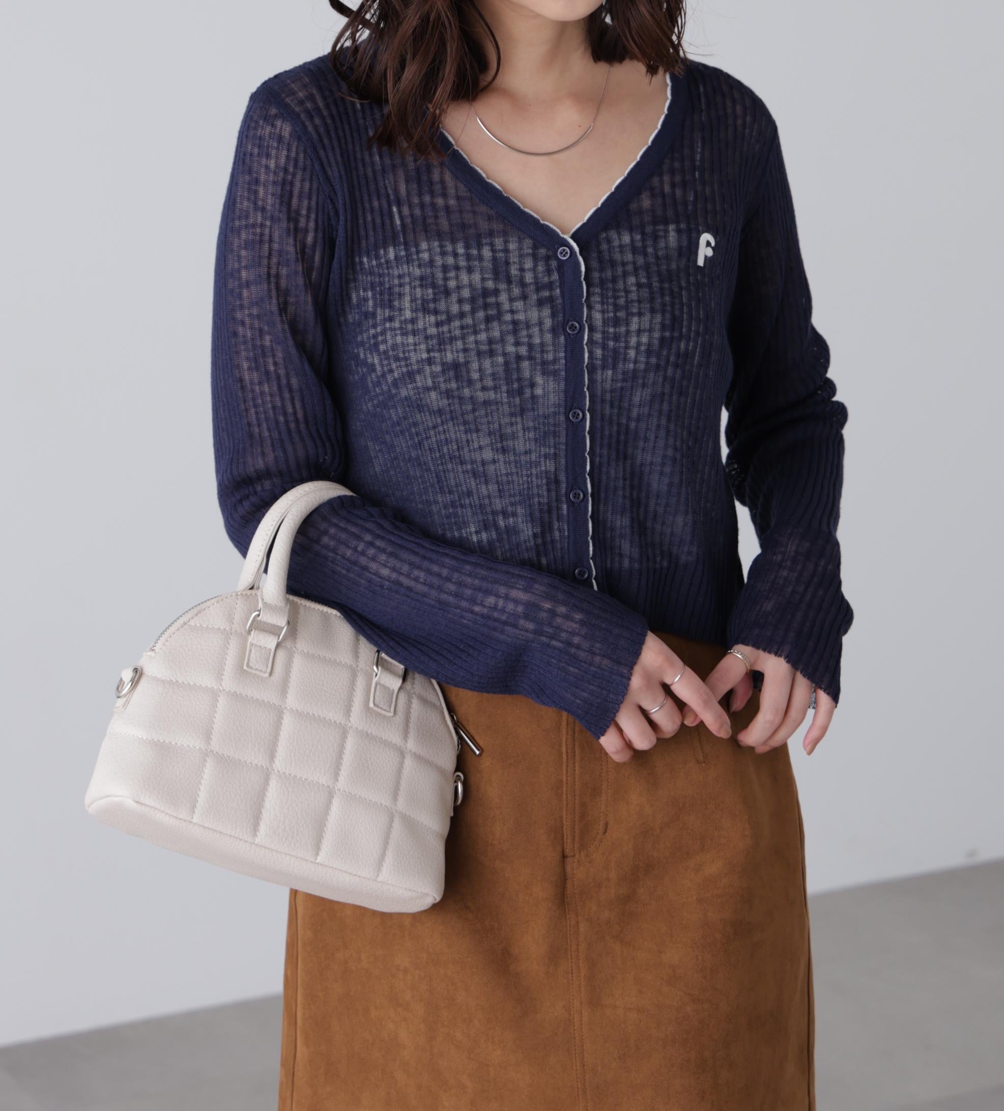 配色ラインスカラップシアーリブカーディガン ネイビー