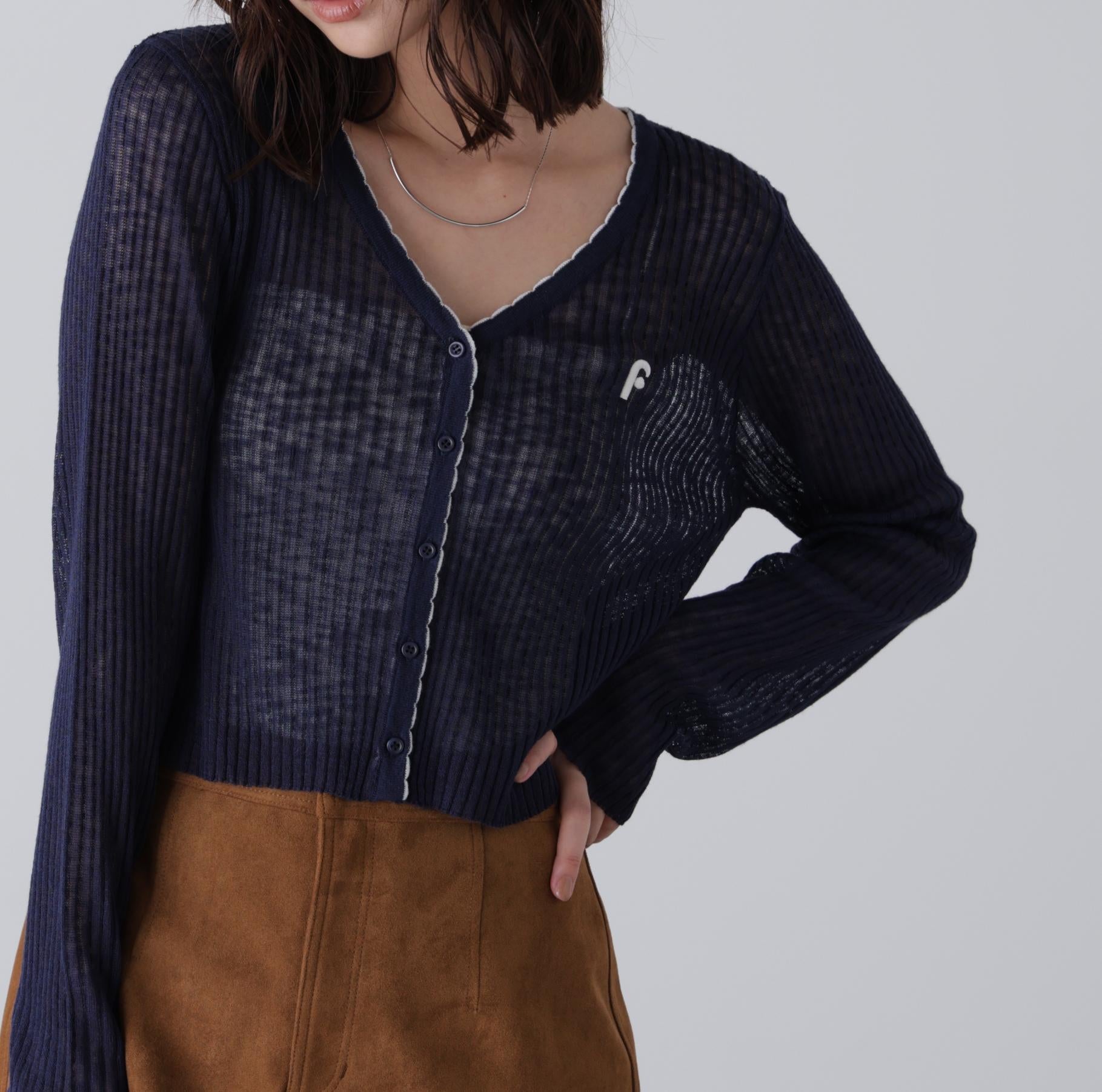 配色ラインスカラップシアーリブカーディガン ネイビー