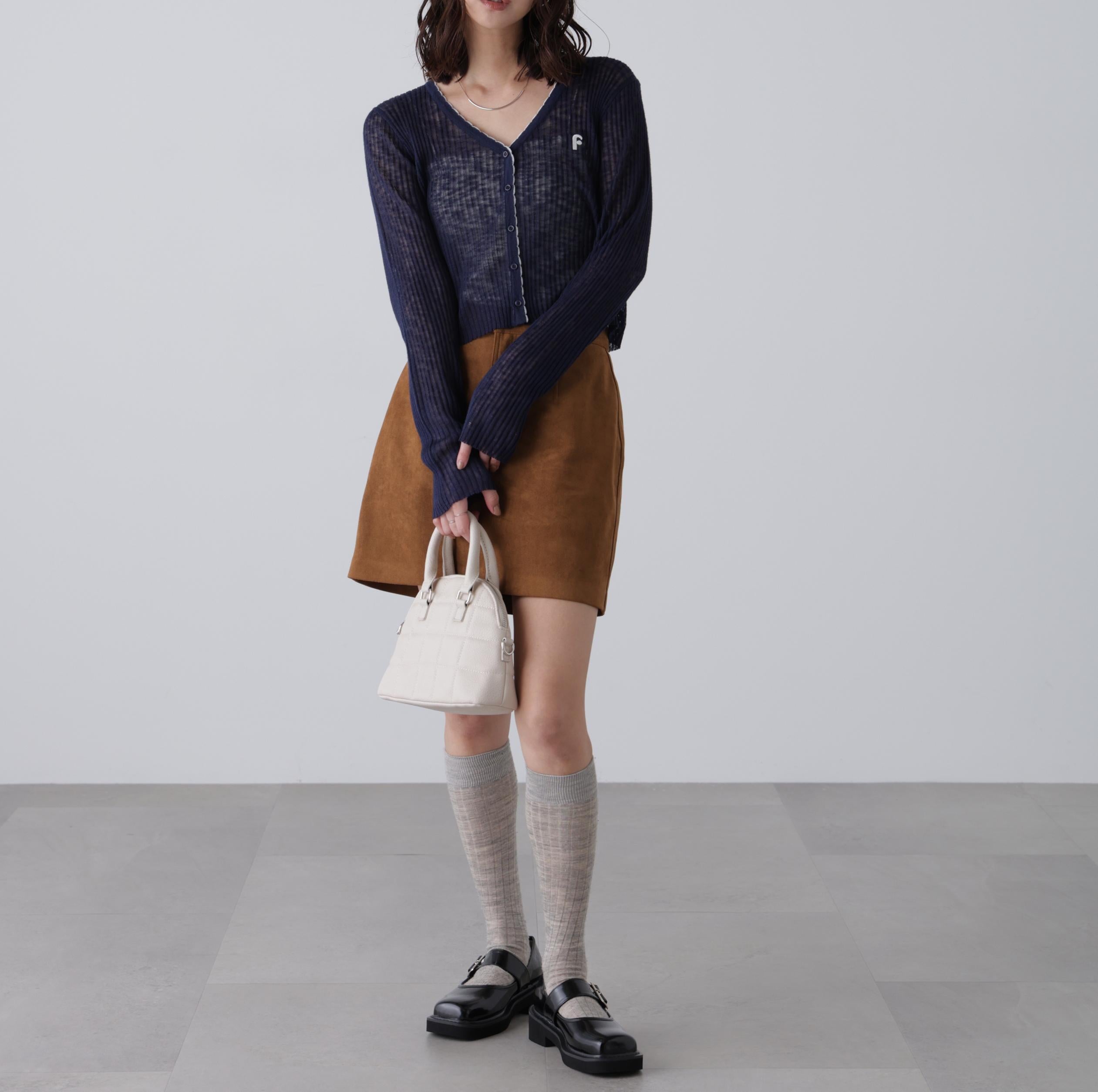 配色ラインスカラップシアーリブカーディガン ネイビー