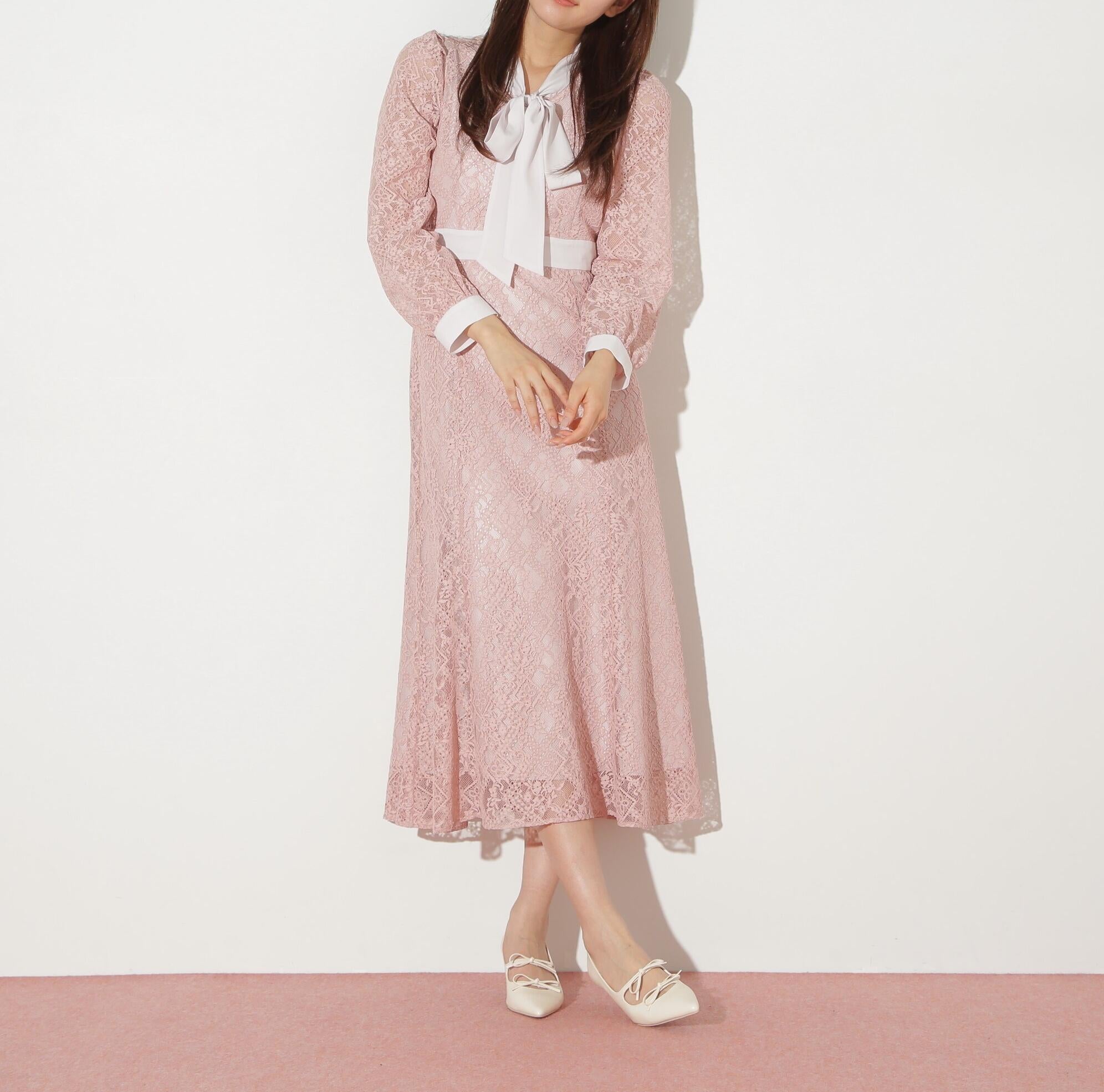 ボウタイレースワンピース ピンク
