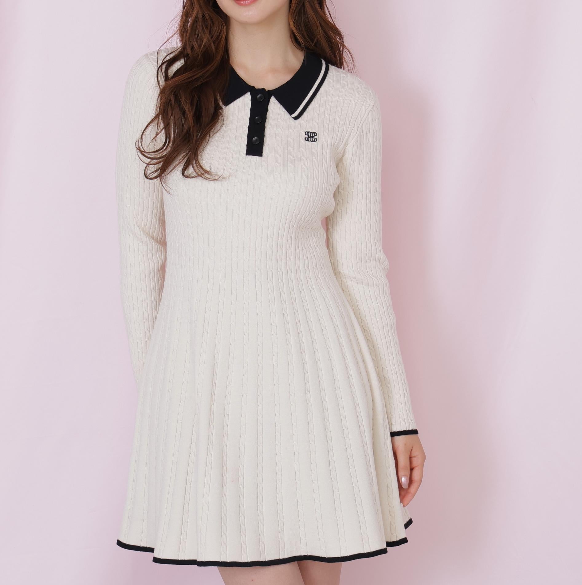 ポロ襟ケーブルミニワンピース ホワイト