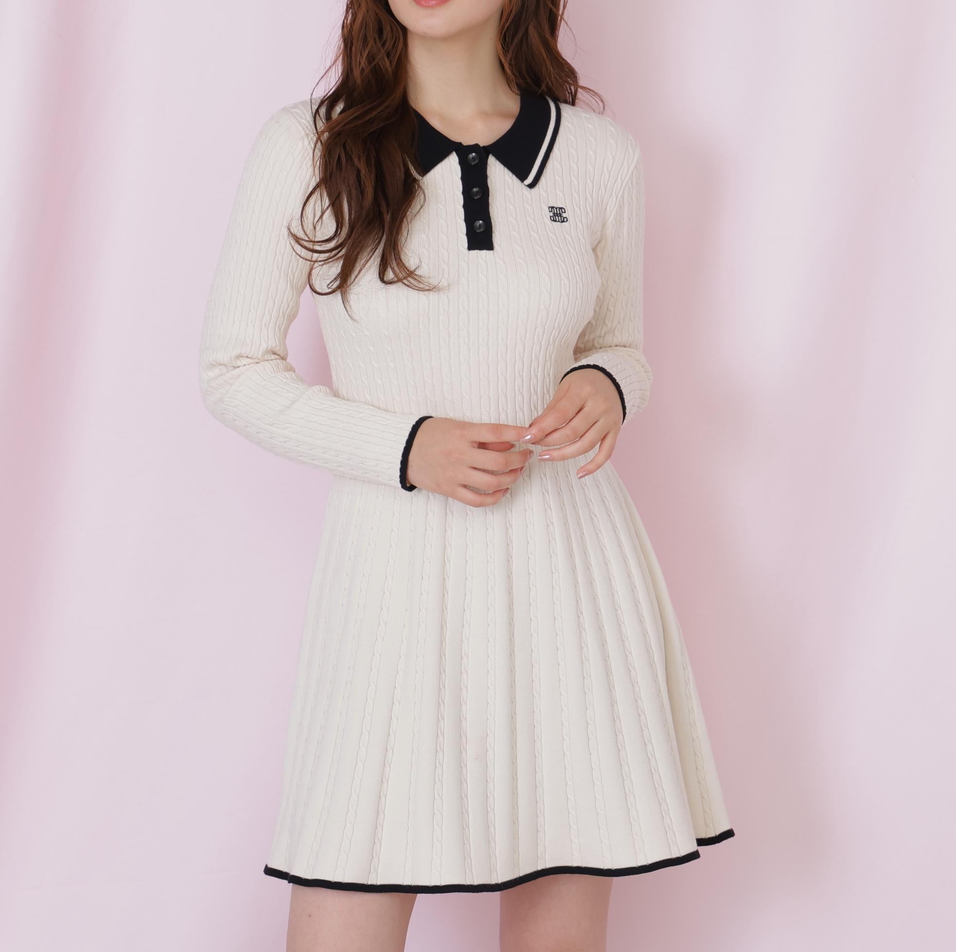 ポロ襟ケーブルミニワンピース ホワイト