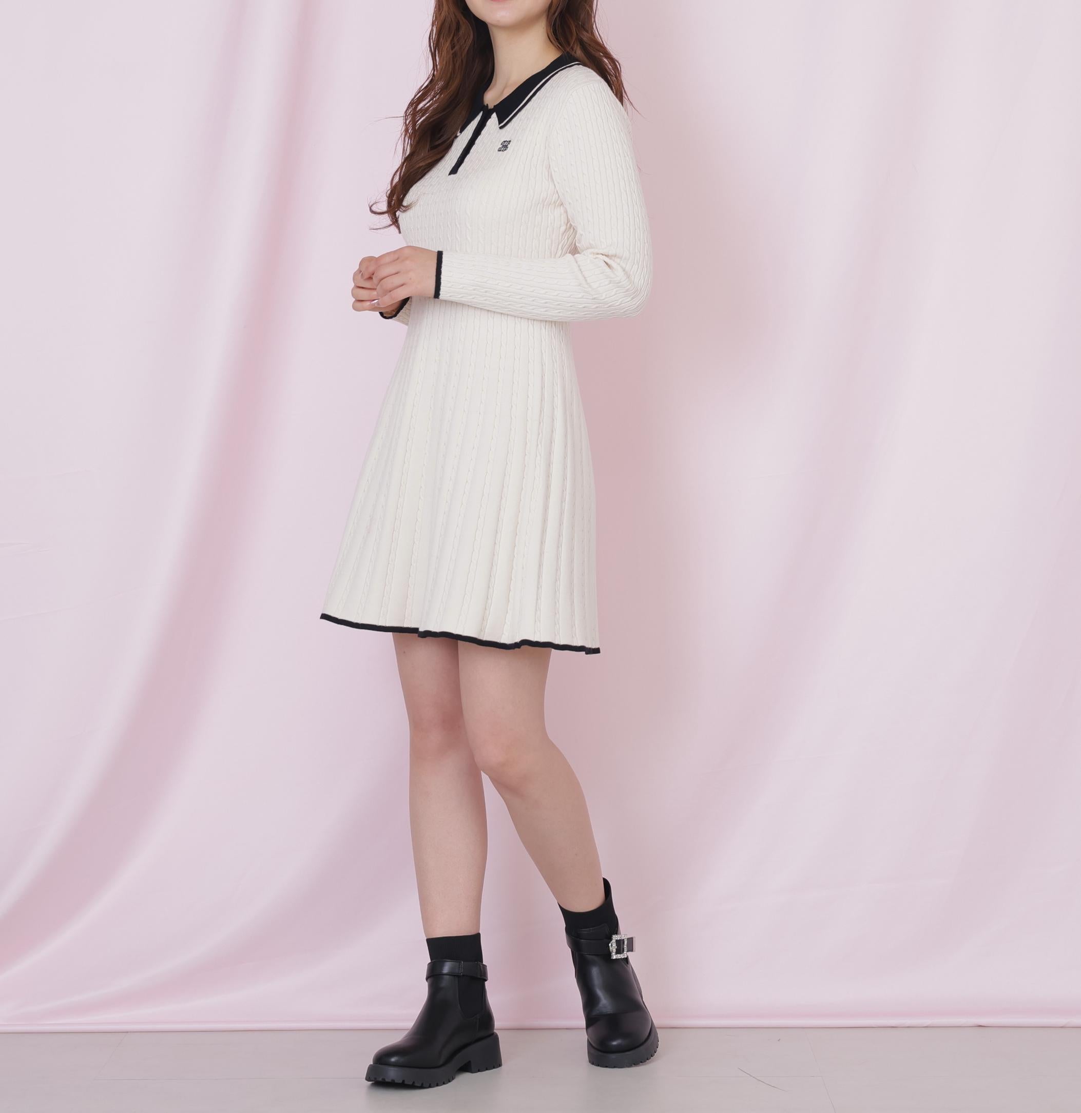 ポロ襟ケーブルミニワンピース ホワイト