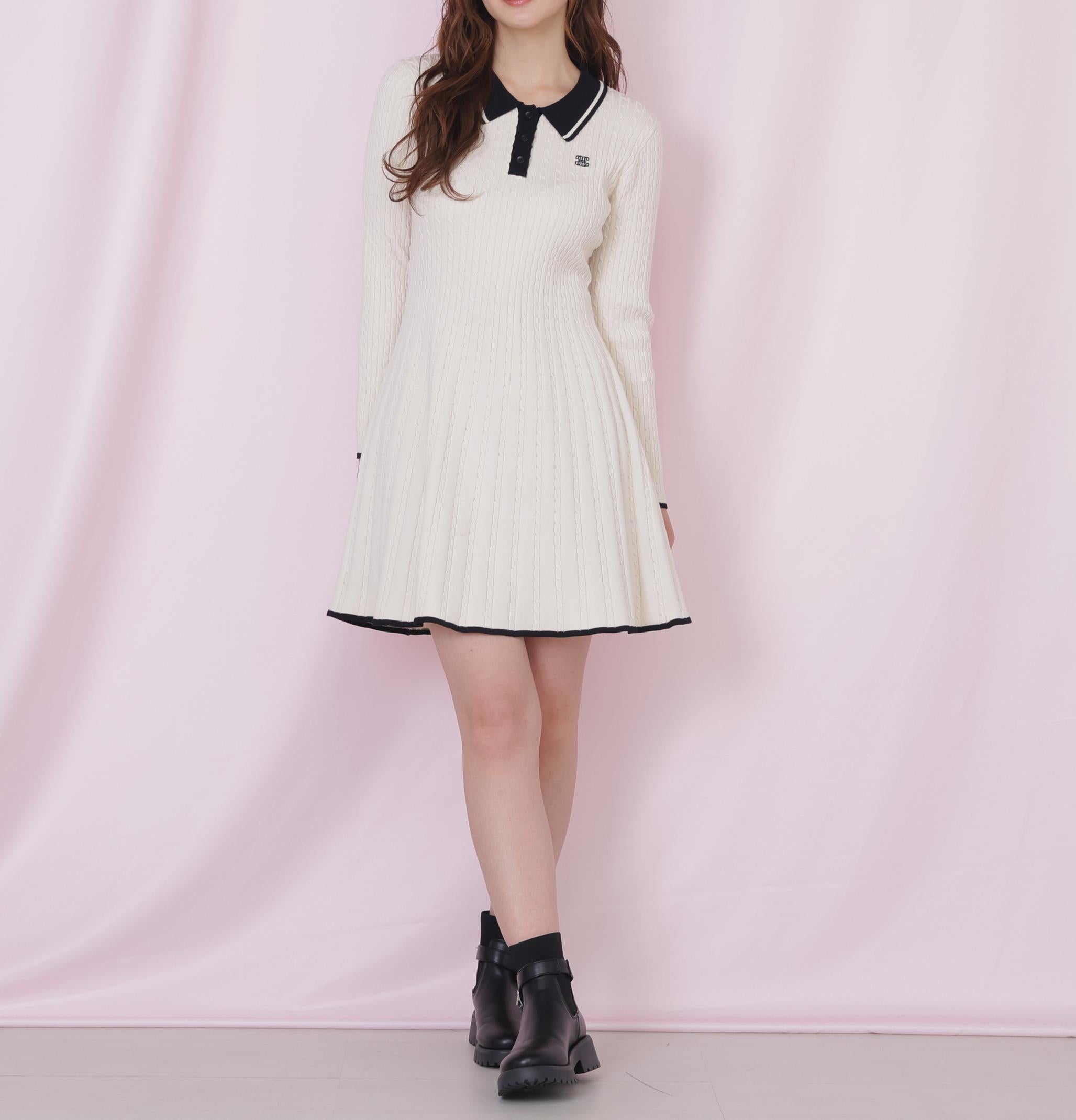 ポロ襟ケーブルミニワンピース ホワイト