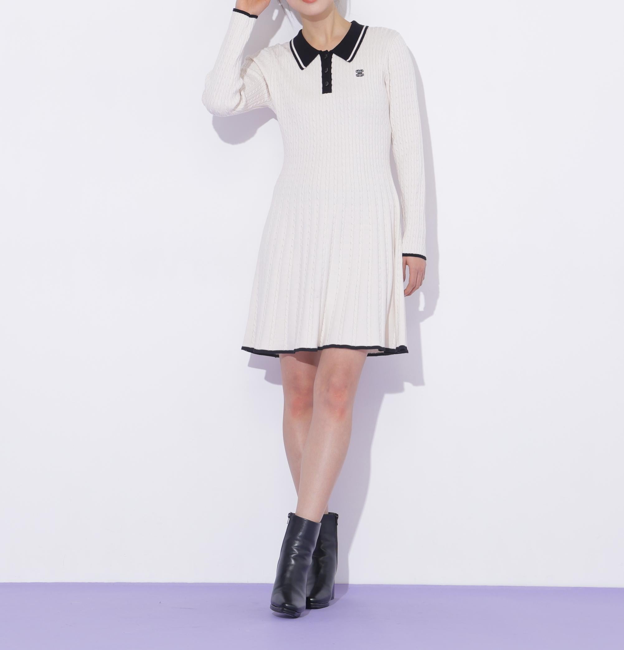 ポロ襟ケーブルミニワンピース ホワイト